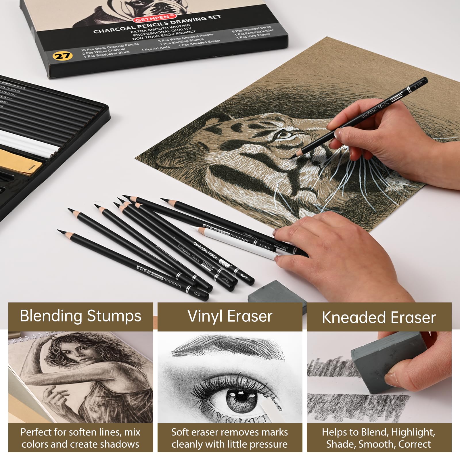 Juego de dibujo de carbón, 27 lápices de carbón blanco y negro para dibujar, bocetar, sombrear, mezclar, palos de grafito para dibujar, suministros de arte de carbón, lápices de artista para