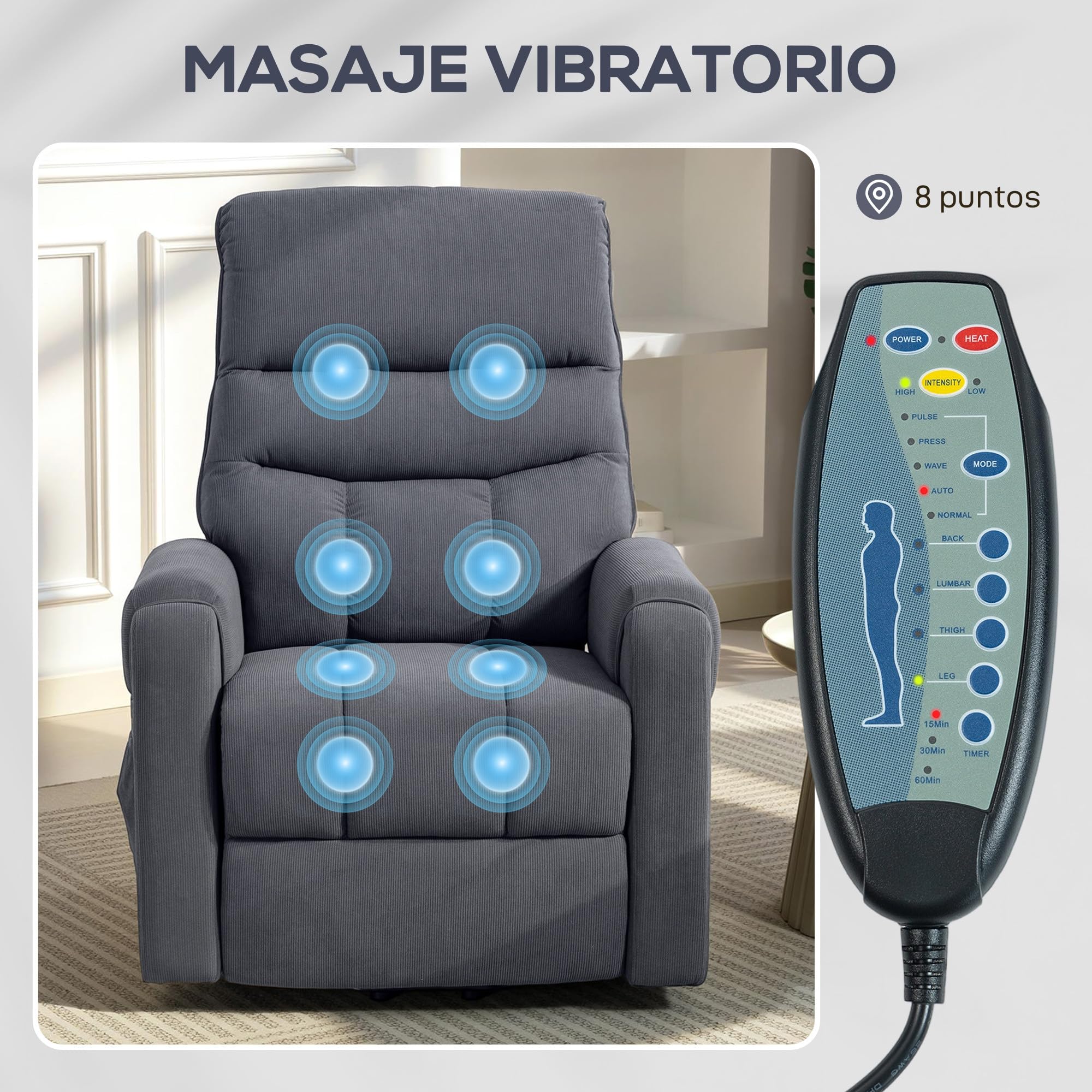 HOMCOM Sillón Relax Reclinable Eléctrico Levanta Personas, 8 Puntos de Masaje, 2 Controles Remotos, Gris
