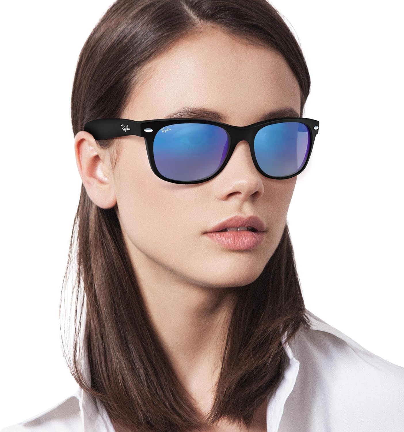 Ray-Ban RB2132 New Wayfarer Mirrored Square Sunglasses Rubber Black/Grey Mirrored Blue 55 Millimeters