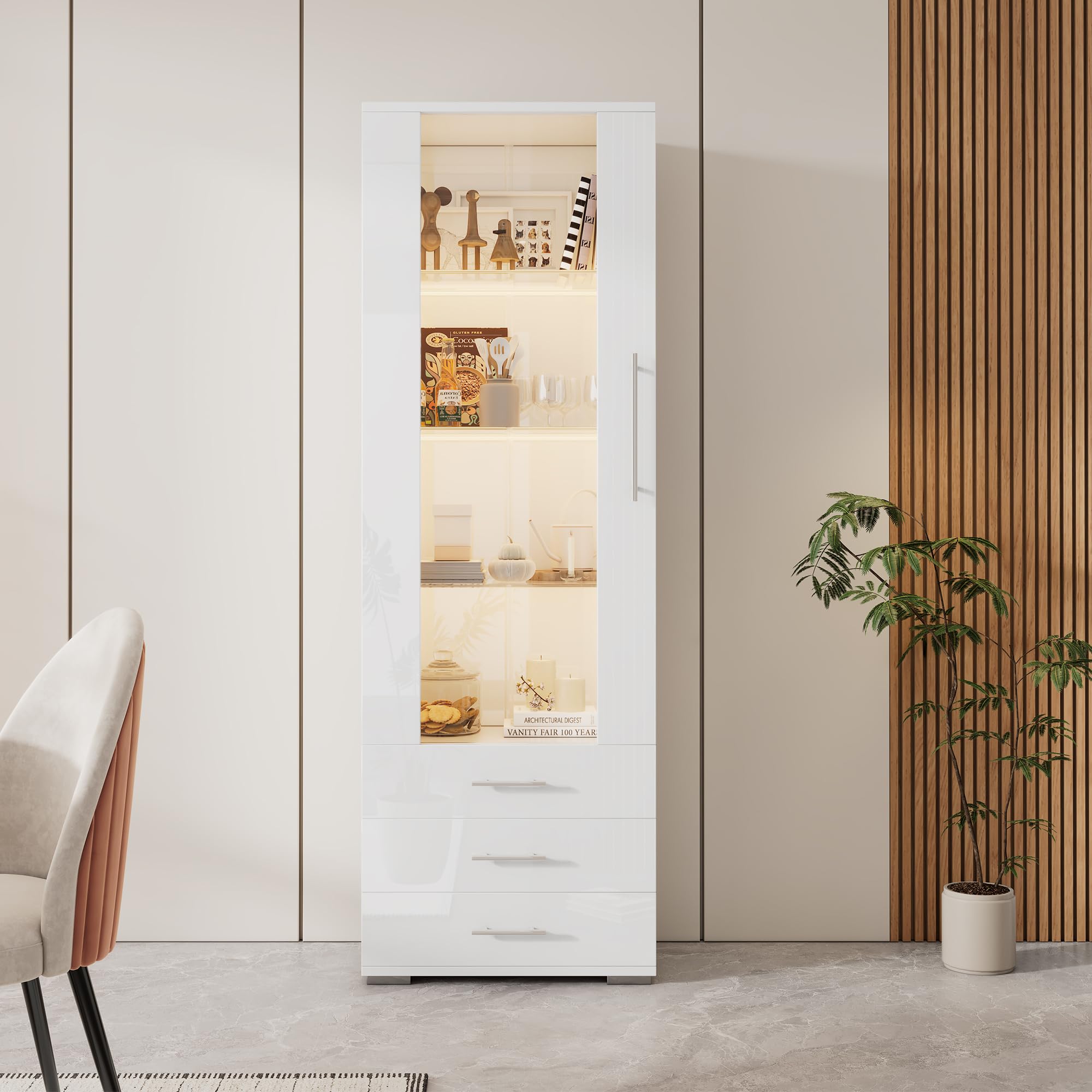 Kebnor Vitrina de cristal brillante, vitrina vertical con 3 cajones, 60 x 35 x 180 cm (blanco)