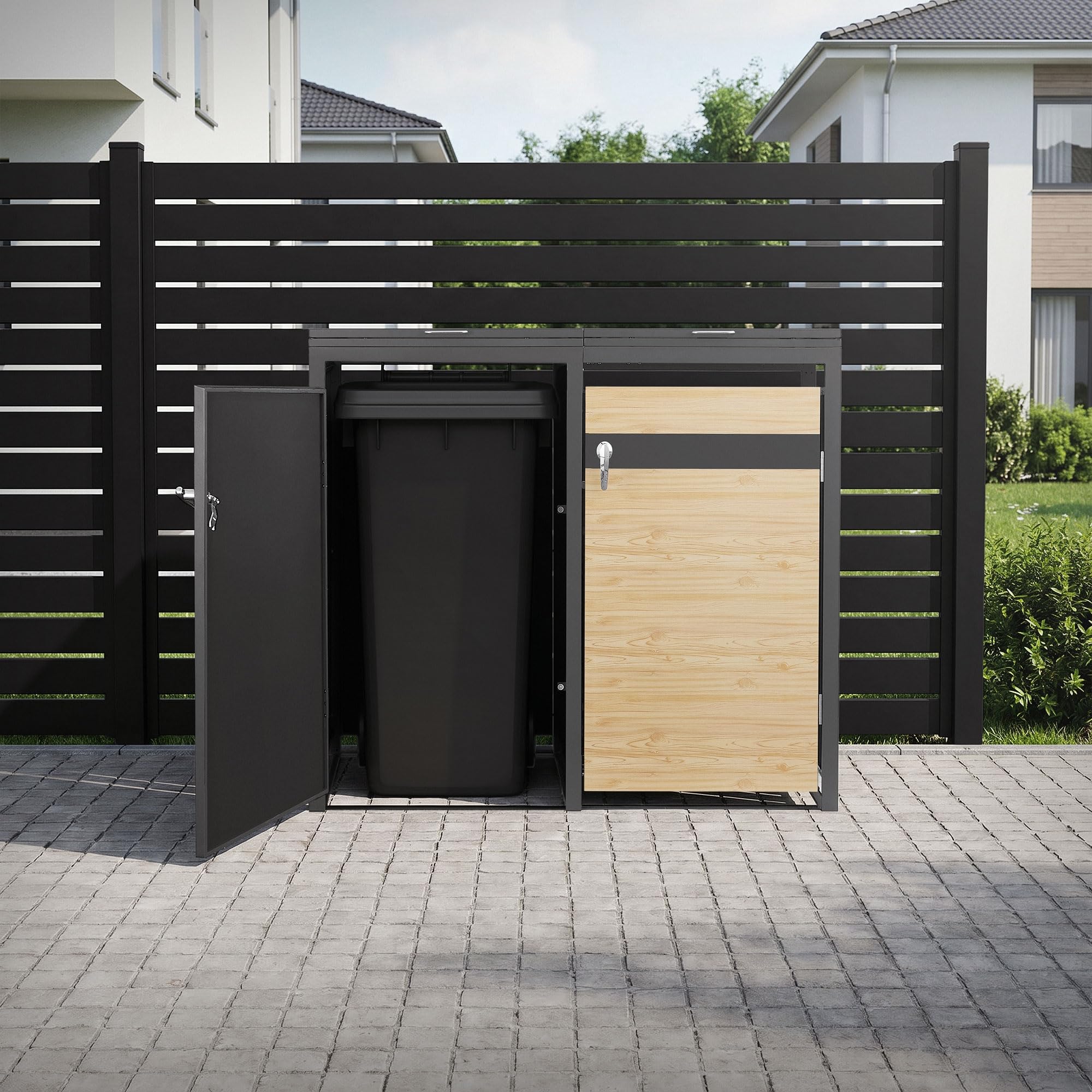 ML-Design Copribidone per Spazzatura per 2 Cestini 240L 132x80x120 cm Antracite Aspetto Larice Acciaio Contenitore per Pattumiera Copri Bidone 2 Sportelli Contenitore per Rifiuti