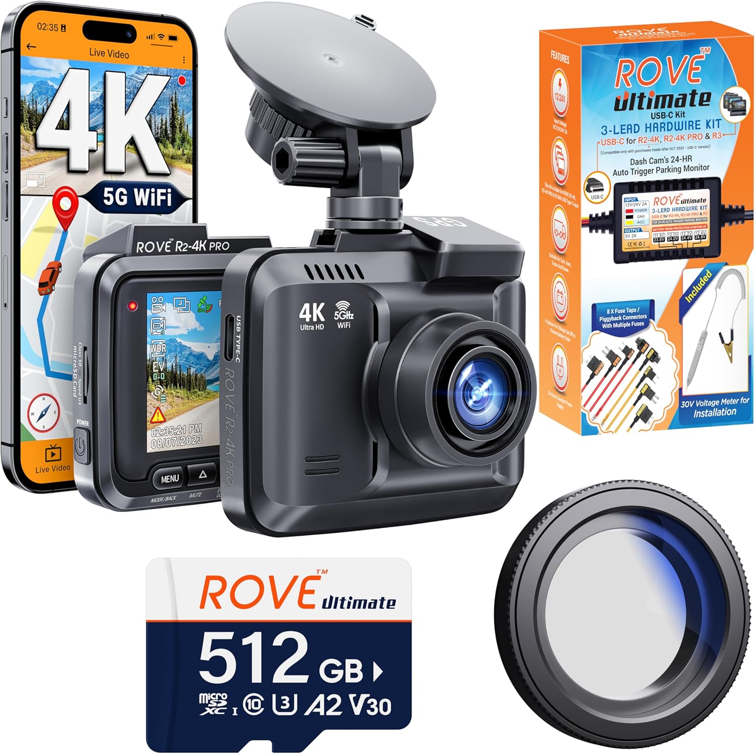 ROVE R24K PRO Dash Cam Hardwire Kit 512GB Micro SD