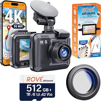 ROVE R2-4K PRO Dash Cam | Hardwire Kit | 512GB Micro SD Card | CPL Filter
