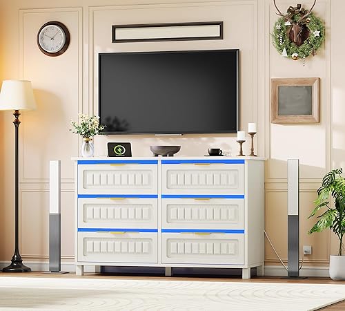 Vista 7 de YITAHOME Cómoda para habitación, cómoda de 6 cajones con luz LED y estación de carga, cajón de madera para TV, sala de estar, pasillo