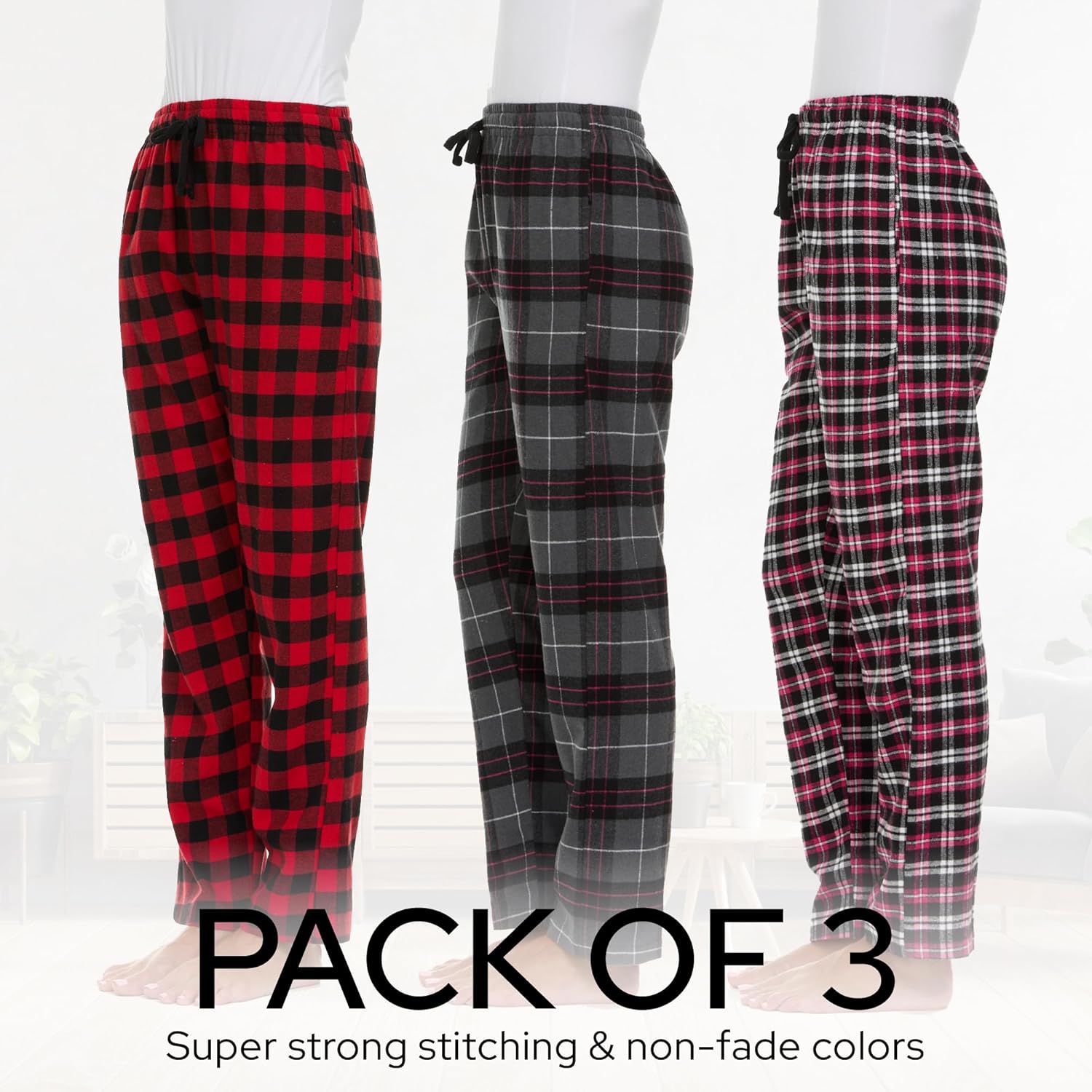 Pajama Bottoms for Women - 3 Pack Cotton Blend Flannel Plaid Lounge Pants, Comfortable PJ Pants - Image 5