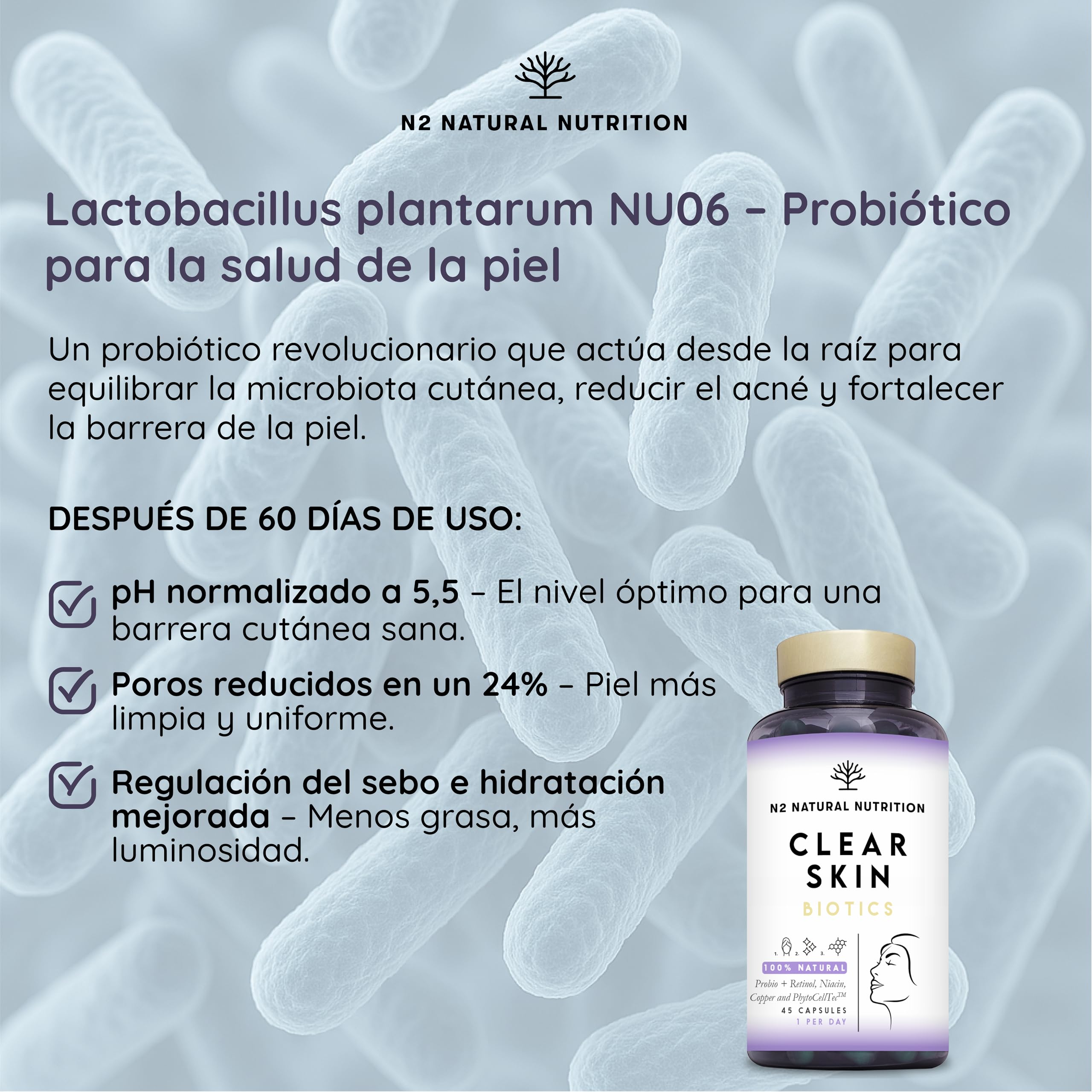 Tratamiento Natural Corrector Anti Acne, Reduce Manchas e Imperfecciones. Mejora Elasticidad, Firmeza y Luminosidad de la piel. Skincare. Zinc y Vitaminas. Probióticos con PhytoCellTec™ . CE