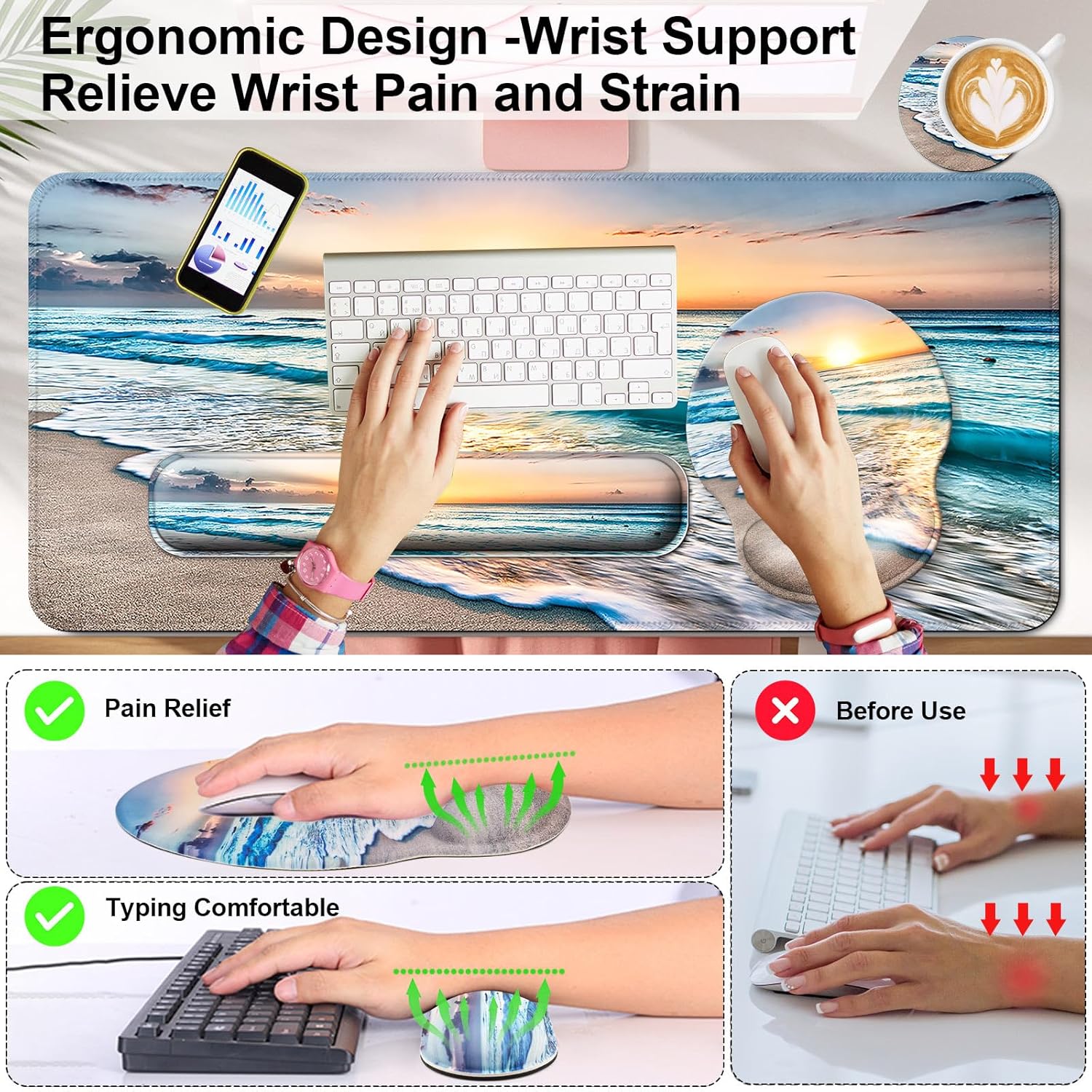 Mouse Pad + Desk Mat + Keyboard Wrist Rest + Coaster 4 in 1 Set, Cute Ergonomic Large Gaming Mousepad with Wrist Rest Support Desk Pad for Computer Laptop Office Home Decor-Beach