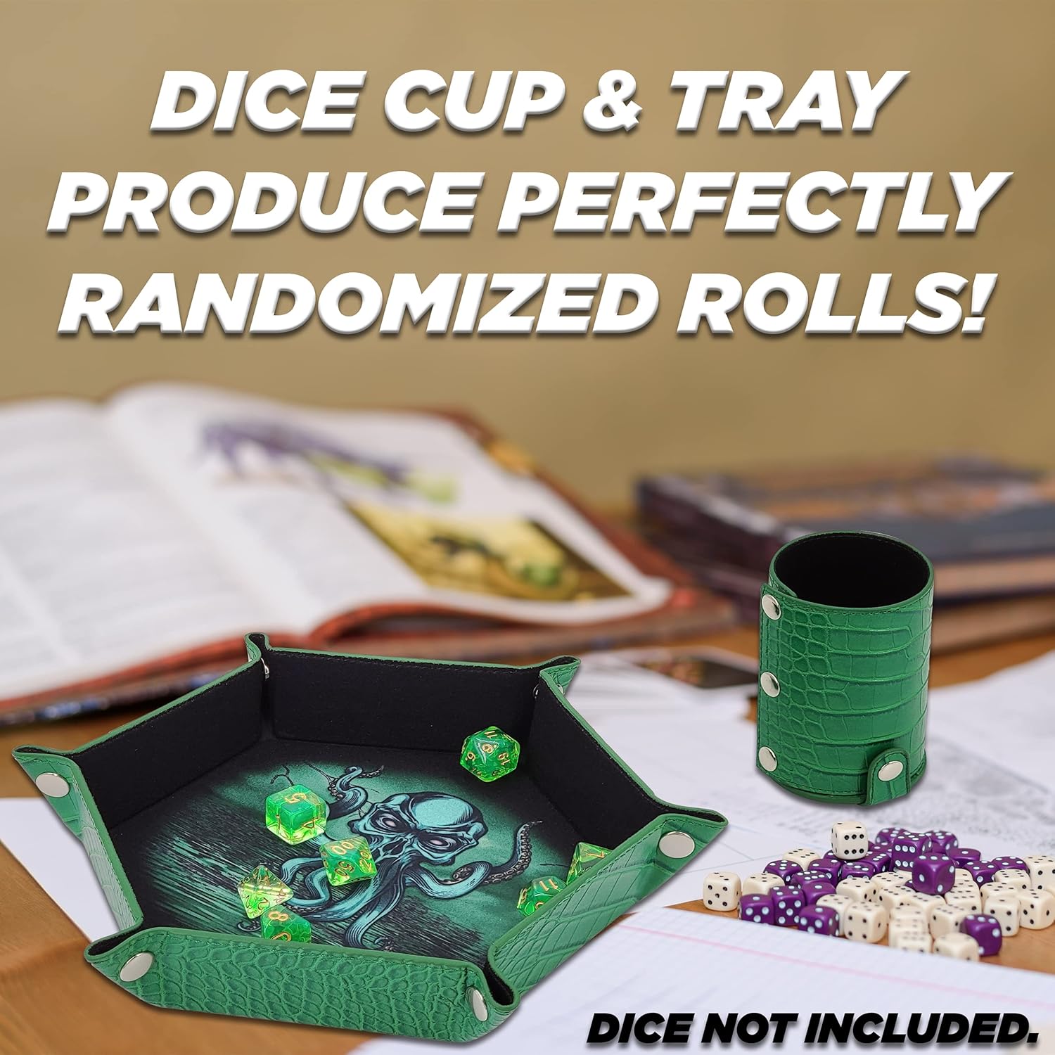 CASEMATIX Folding Dice Rolling Tray and Professional Dice Cup Shaker Set - Portable DND Dice Tray and Felt Cup Dice Shaker with PU Leather Materials