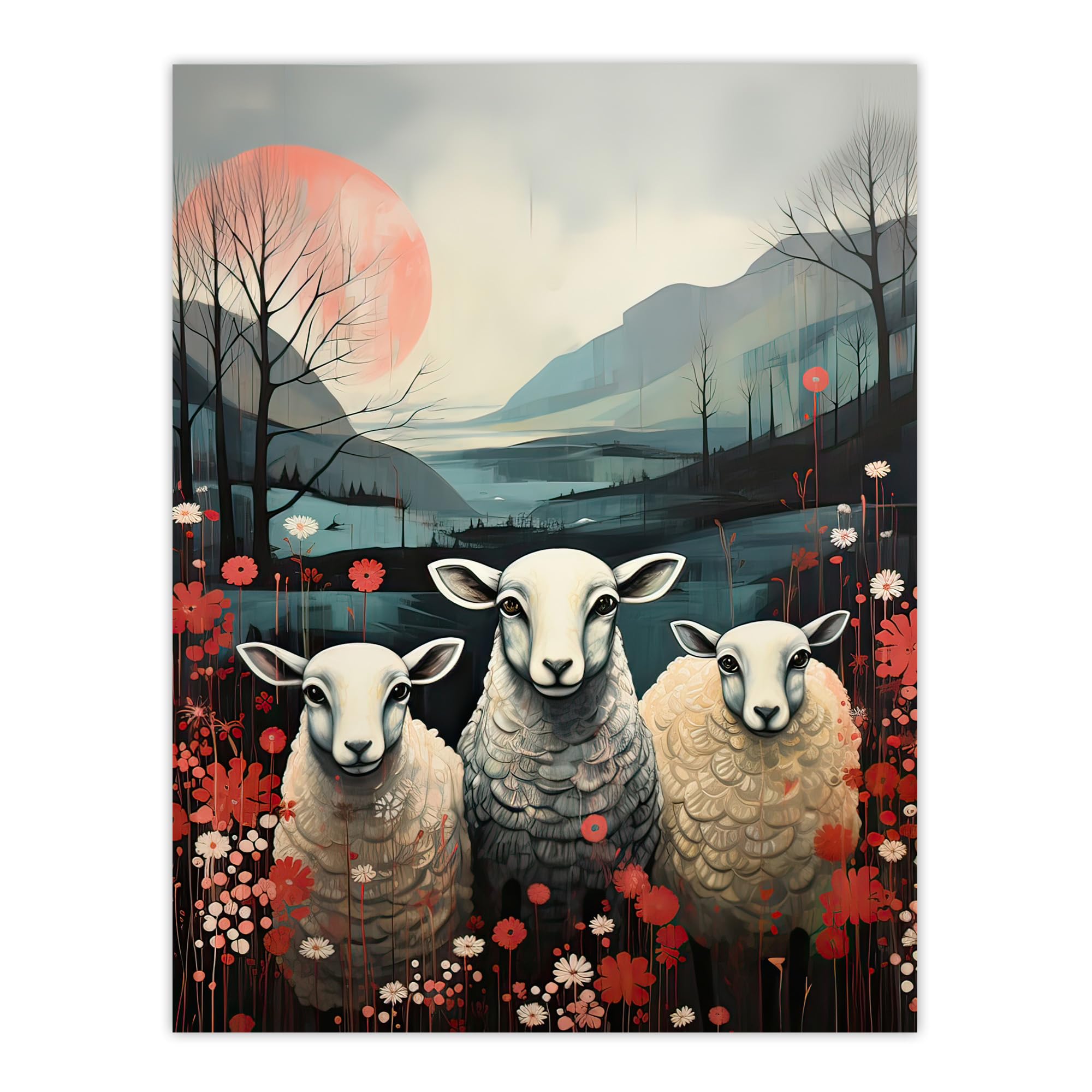 Artery8 Three Sheep Pink Blue Floral Scottish Landscape Extra Large XL Wall Art Poster Print