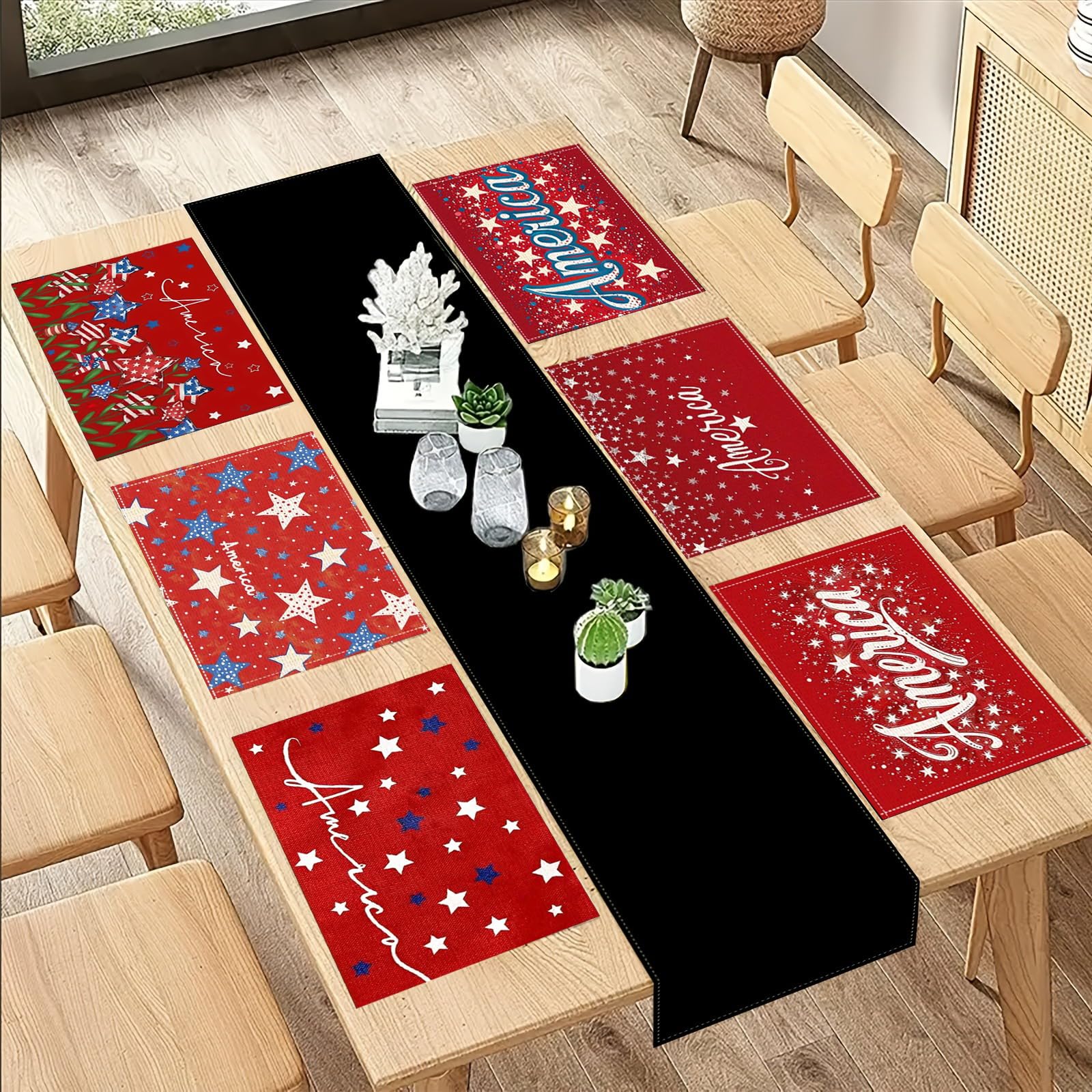 Independence Day Placemats Set of 6 12x18inch Flax Table Mats Fourth of July Theme Place Mats Festival Washable Table Placemats for Indoor Outdoor Party Kitchen Dining Table