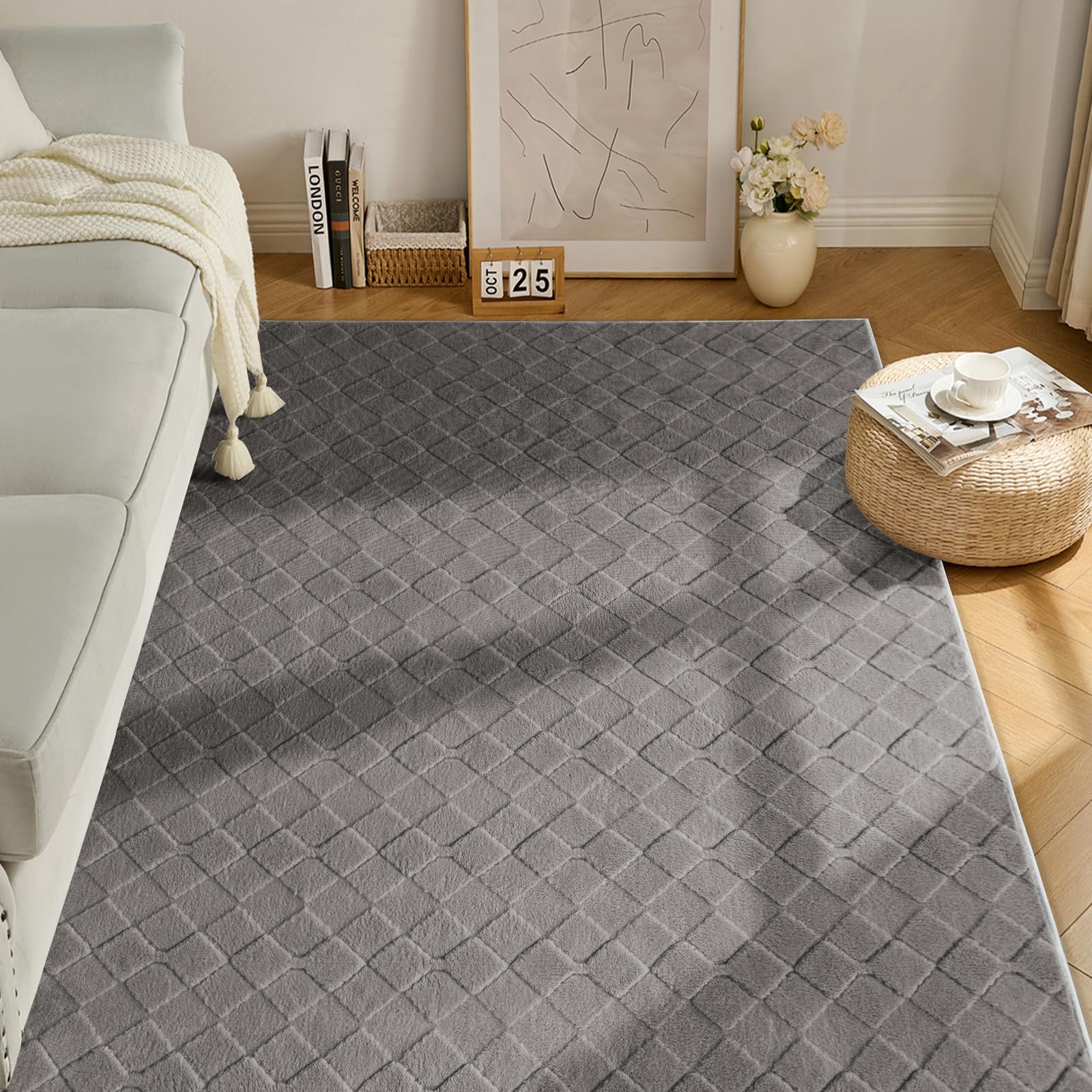Ceneco Washable Non Slip Rug 120x170cm, Large Rugs Living Room, Soft Short Pile Rug, High-Low Texture, Modern Grey Rugs for Bedroom Kids Bedside Kitchen Hallway Lounge Office Carpet(Dark Grey)