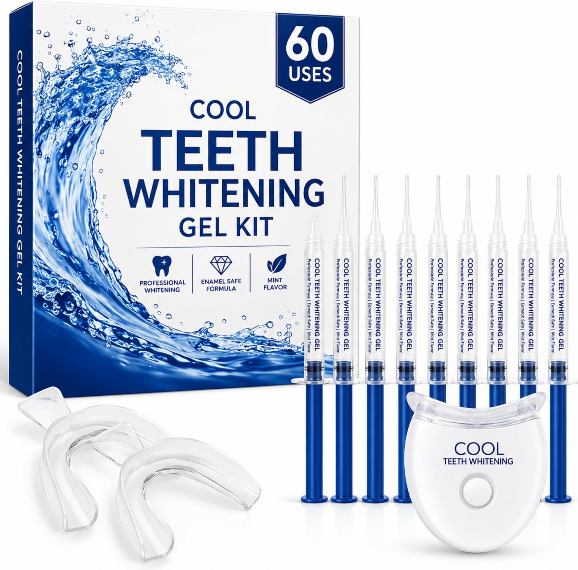 Teeth Whitening Kit with LED Light 44% Carbamide Peroxide 10 Syringes & Moldable Trays 60 Applications Vegan, Enamel Safe, Alcohol Free Formula