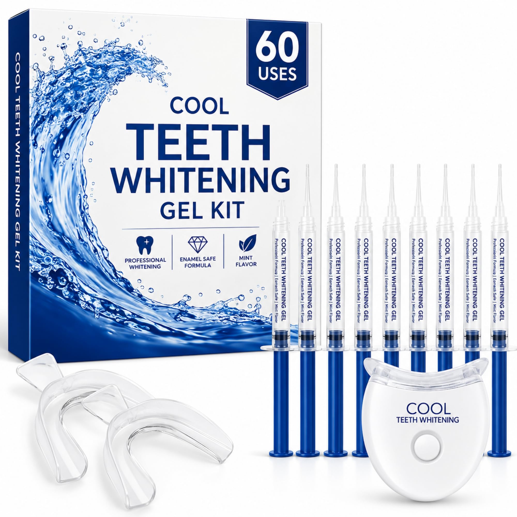 Teeth Whitening Kit, 44% Carbamide Peroxide Gel, LED Light, Trays, 60 Uses