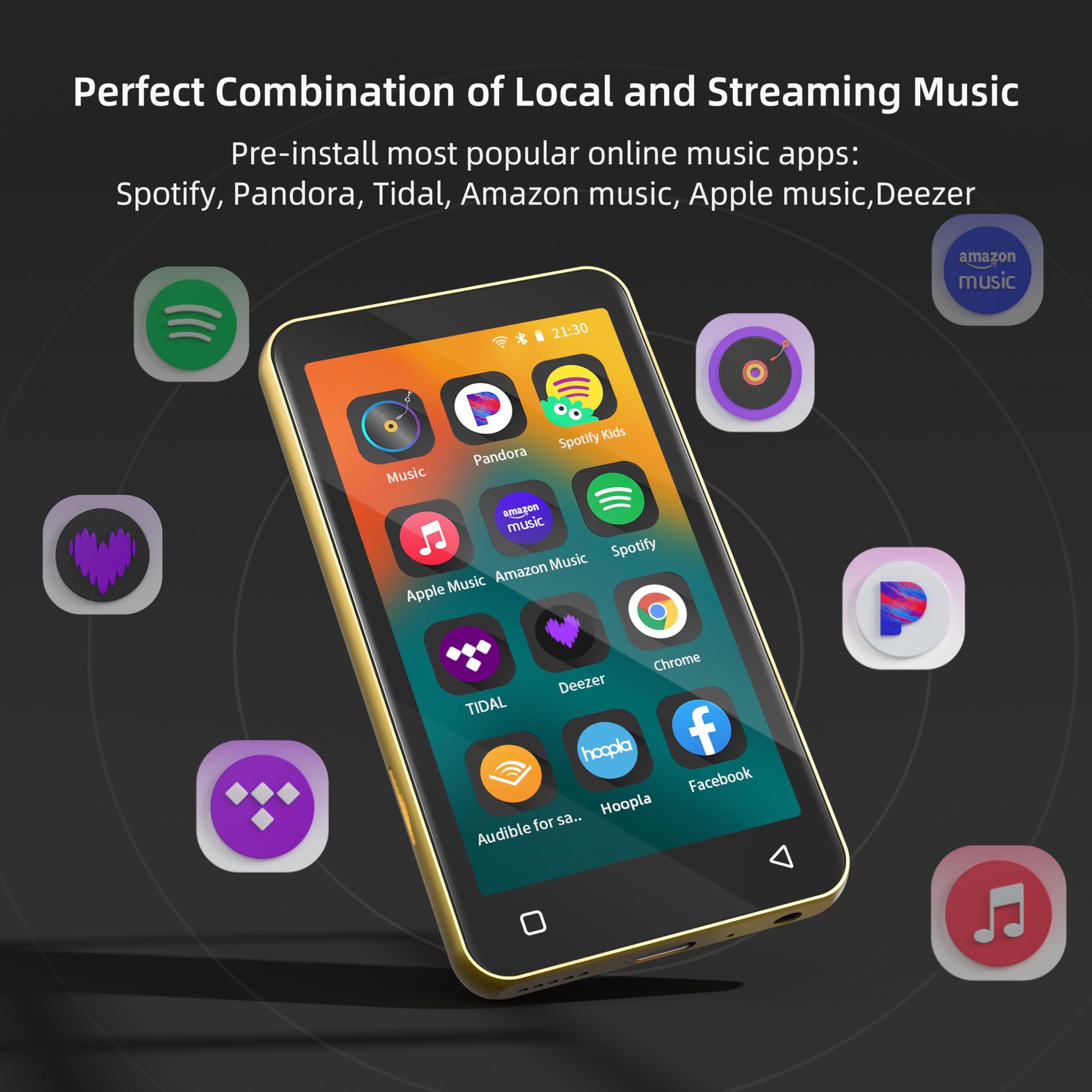 innioasis 80Go Lecteur MP3 avec Bluetooth et WiFi, Lecteur de Musique Mp3 et Mp4 ave Spotify,Spotify Kids, Tidal, Deezer, Lecteur Vidéo à écran Tactile 4 Pouces 1080P Or-Noir
