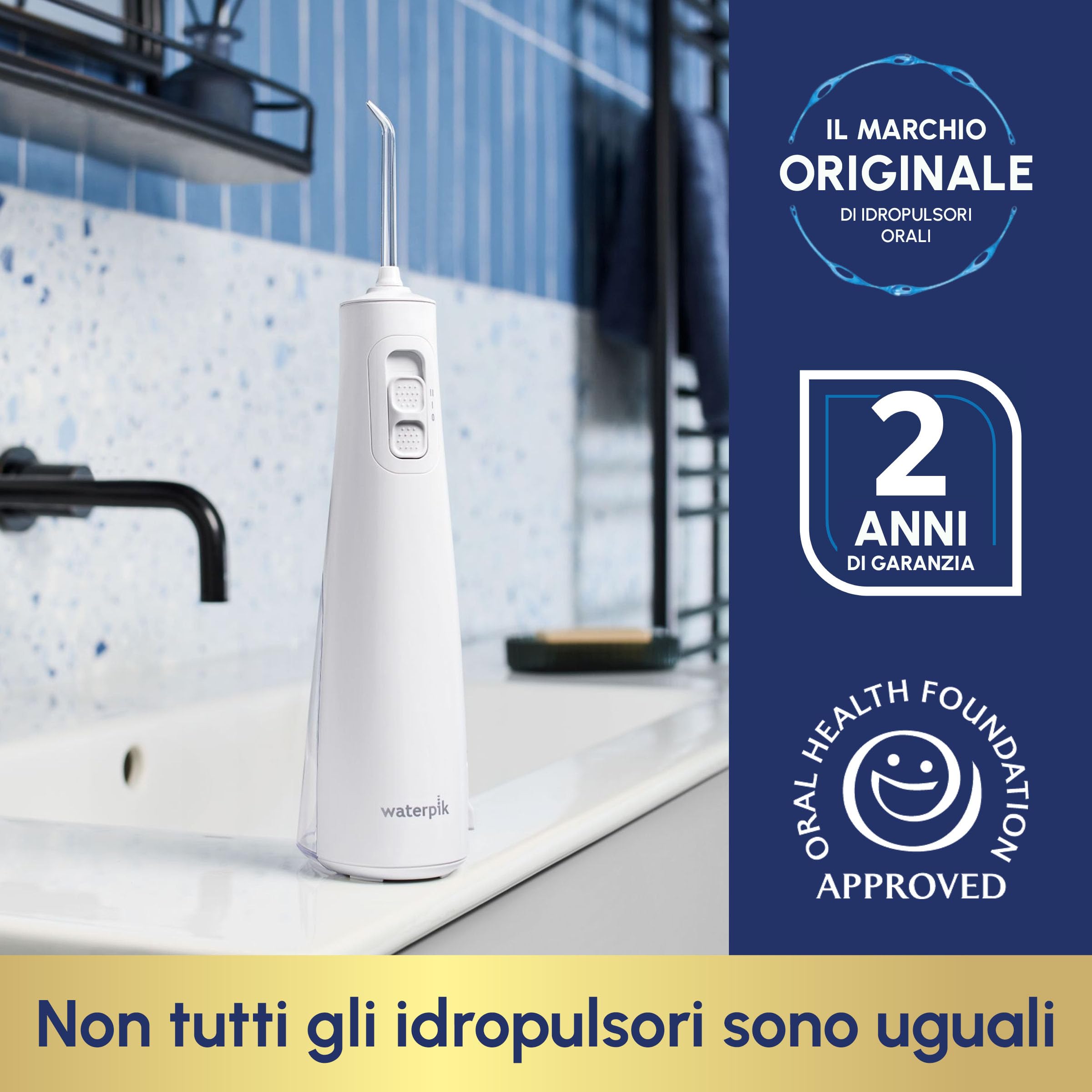 Idropulsore cordless Waterpik Pulse, approvato dalla Oral Health Foundation, idropulsore antiplacca per denti, 2 impostazioni di pressione, 45 secondi di pulizia interdentale, 2 punte incluse