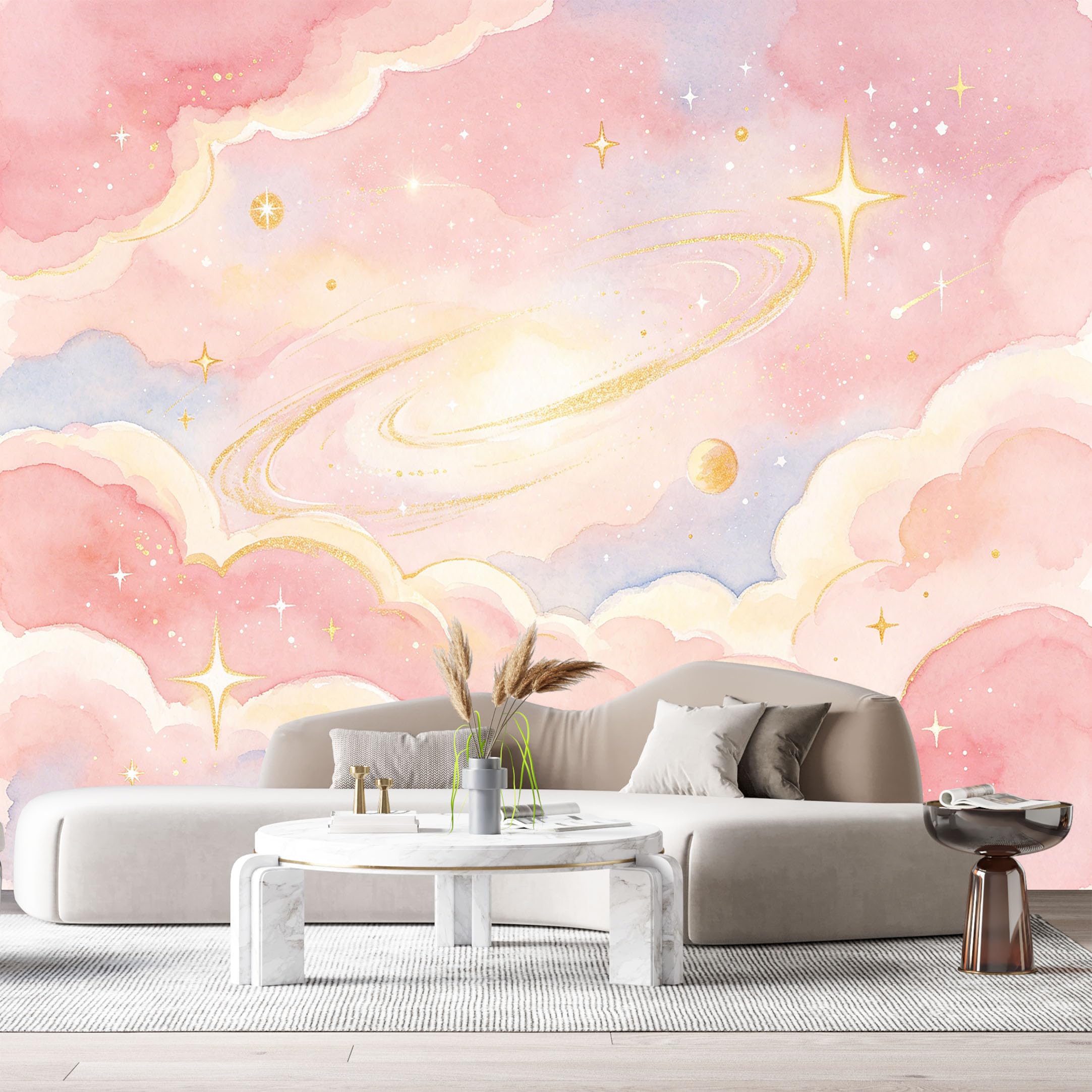 Custom Size Wall Murals Watercolor Galaxy Pink Clouds Celestial Stars Planet SelfAdhesiveWall Fabric Removable Wallpaper Wall Decor for Living Room Bedroom Bathroom