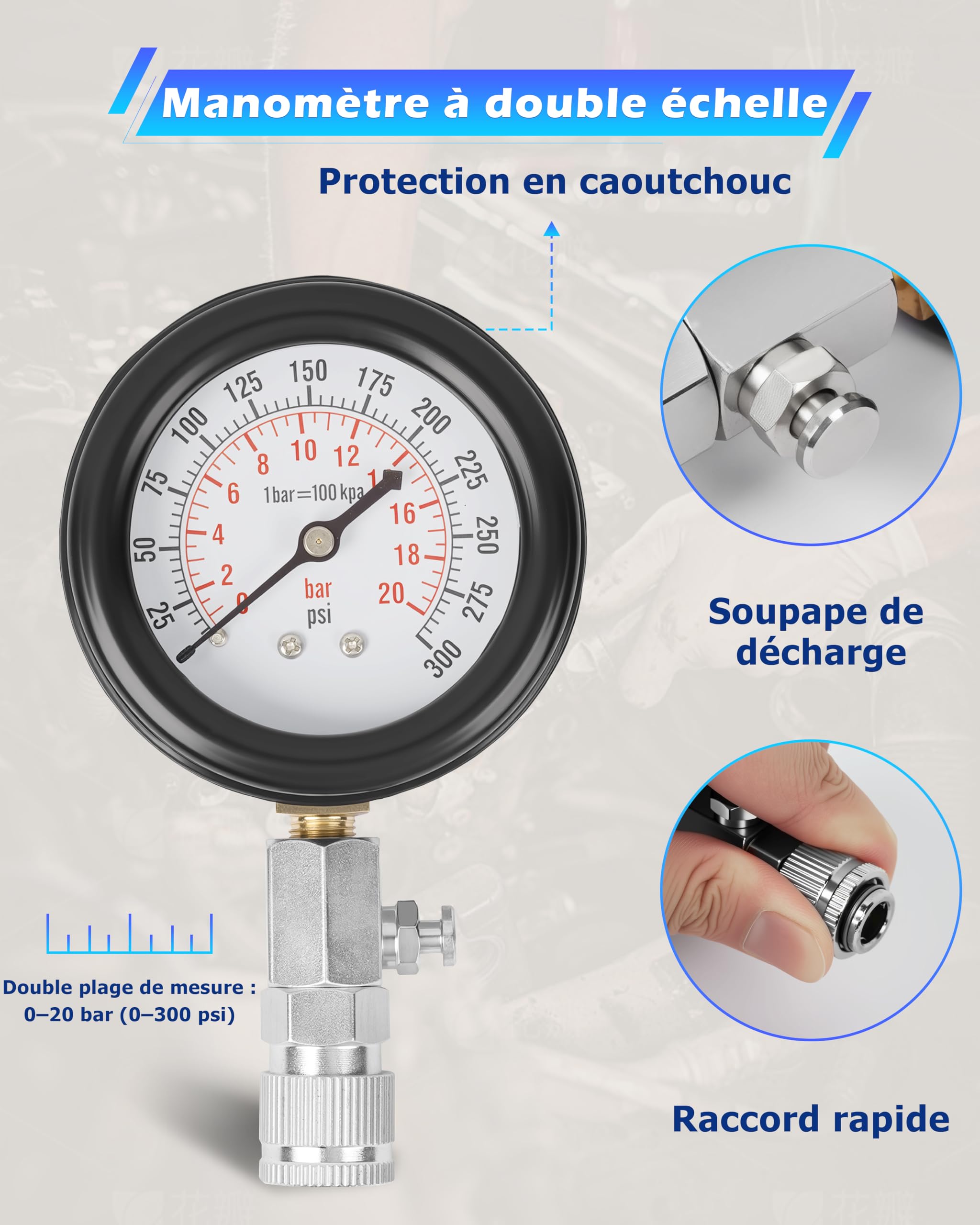 DAYUAN Testeur de Compression, Coffret de compressiomètre Set de compresseur pour Tous Moteurs Deux Kfz M10 M12 M14 M18 0-20 bar & 0-300 psi