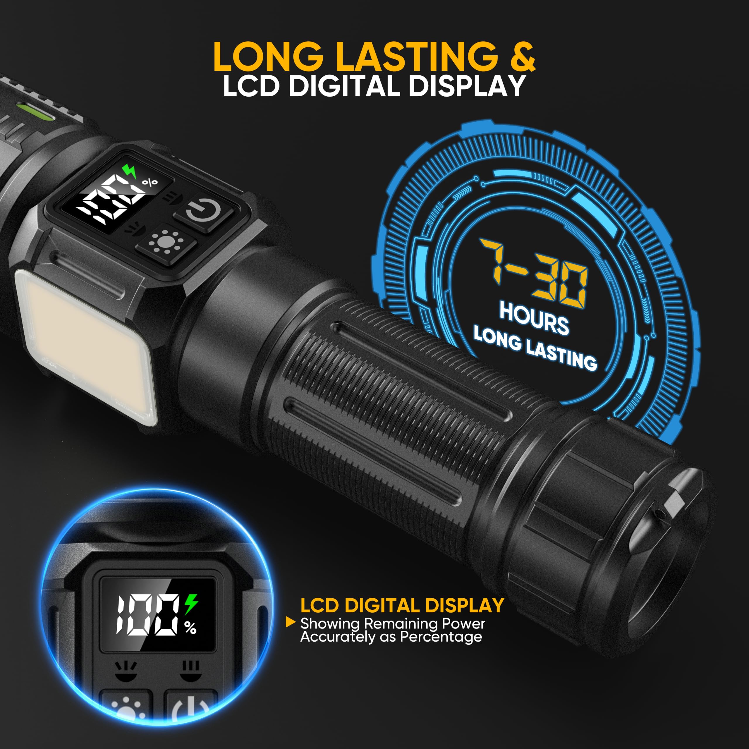 Wiederaufladbare Taschenlampen, hohe Lumen, 10000, superhelle LED-Blitzlicht, langlebiges USB-C-LCD-Display, Daul-Lichtquelle & Tasten mit rotem Licht, für Camping, Wandern, Notfall