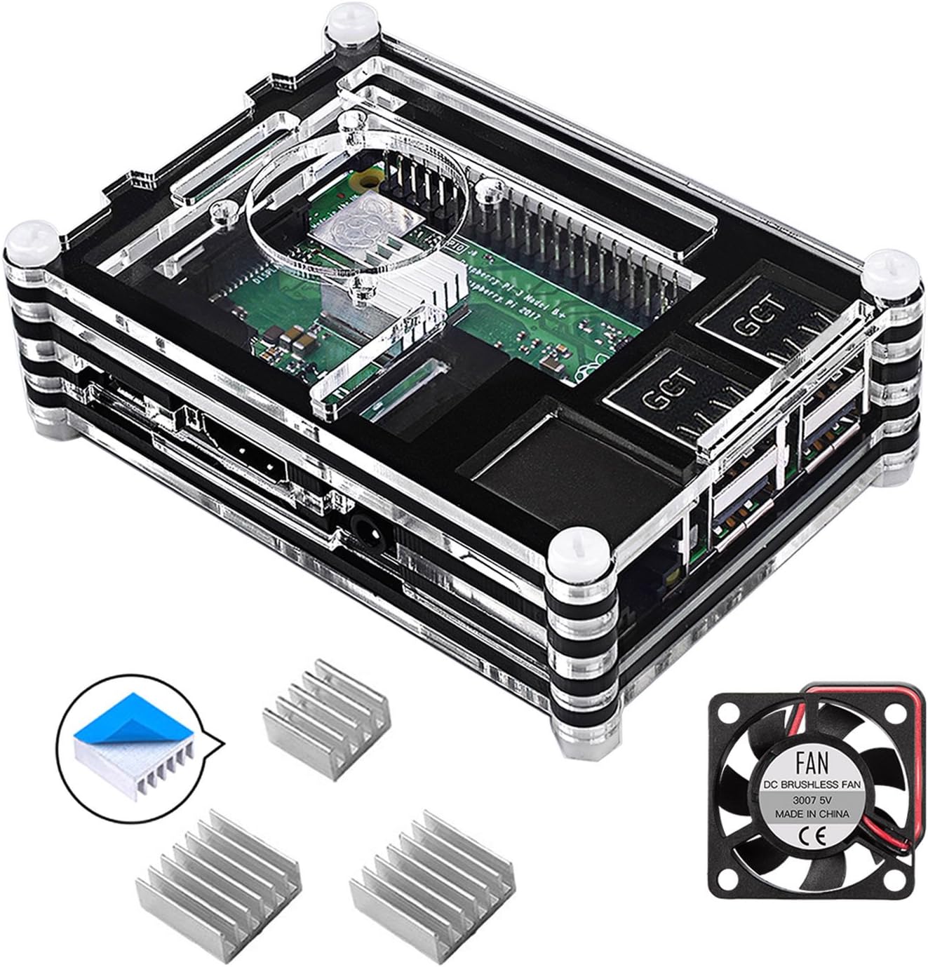 Smraza Case for Raspberry Pi 3 B+ Case, Case with Cooling Fan, 3PCS Heatsinks for Raspberry Pi 3 Model B (RPI Board Not Included) - Black and Clear