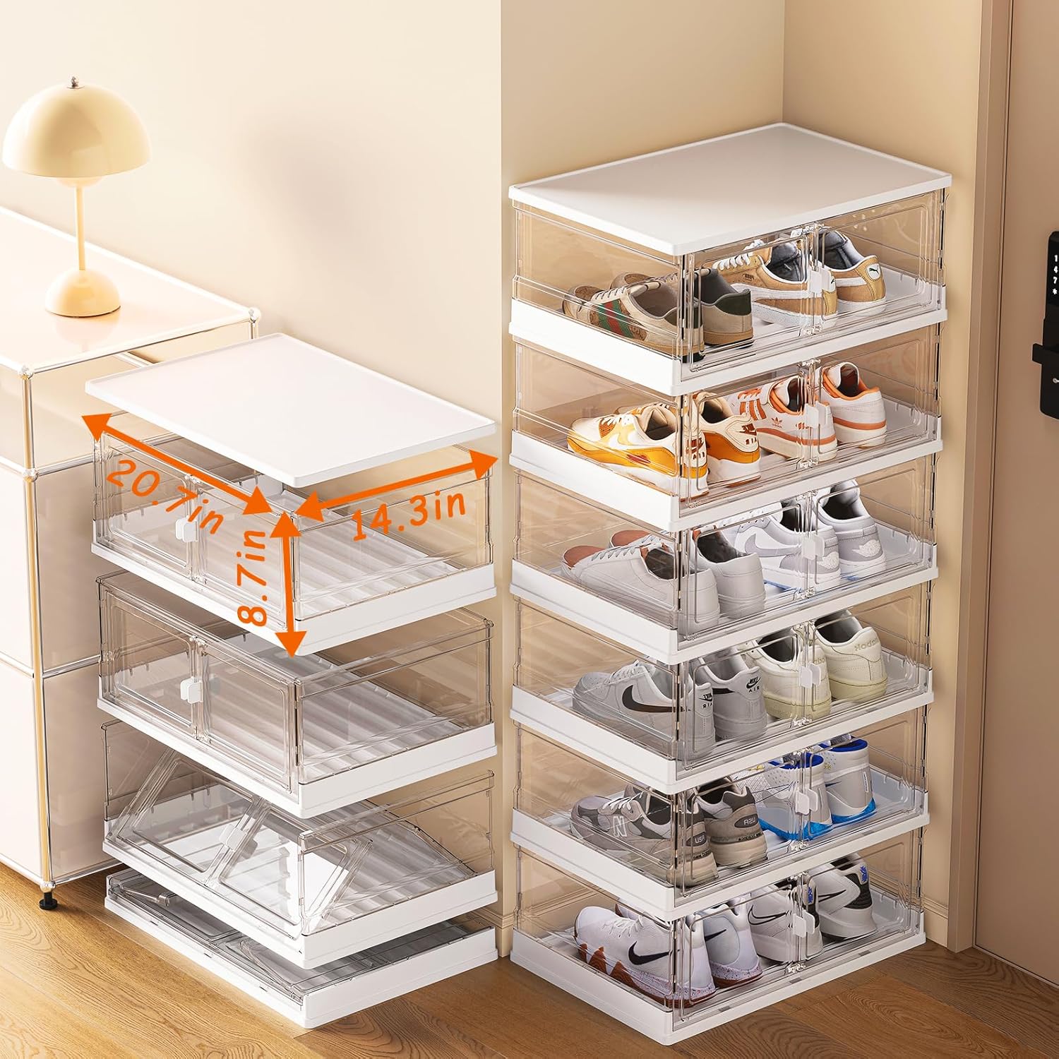 Thicken & Sturdy Clear Shoe Storage Organizer with Magnetic Door,Stackable Plastic Shoe Box，for Closet, Shoe Storage Box Containers,Easy Assembly，Set of 3