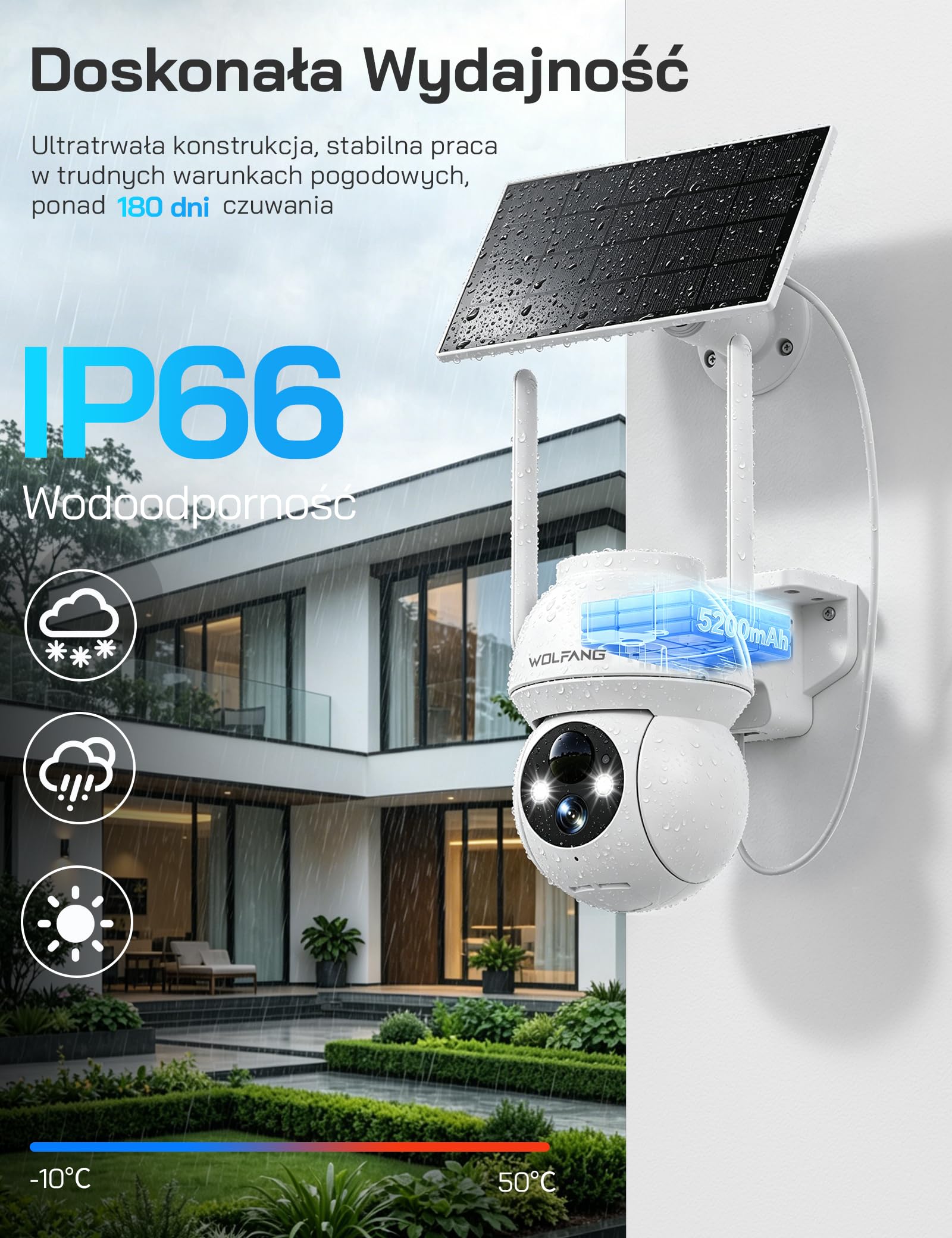 WOLFANG Solarna kamera bezpieczeństwa 1080P na zewnątrz, kamera WiFi PTZ 360° (tylko 2,4 G), wykrywanie ruchu PIR, noktowizor, dwukierunkowy dźwięk, IP65, współpracuje z Alexa i Google Home, bez