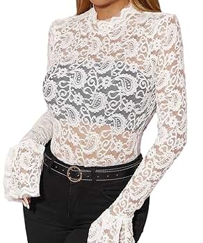 GIYKBX Women's Sexy Lace Long Sleeve Sheer Shirt Bodysuit