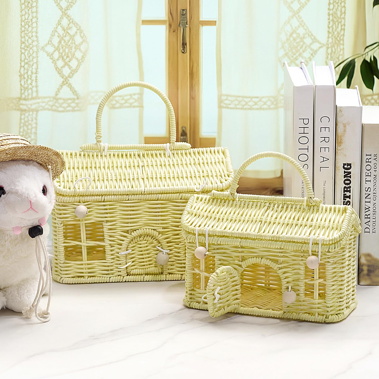 Photo 1 of Weysat 2 Pcs Rattan House Shaped Basket with Lid Decorative Hand Woven Organizer Wicker Dollhouse Basket Cute Handmade Handcrafted Gift for Storage Organizing Home Decoration Artwork(Yellow)