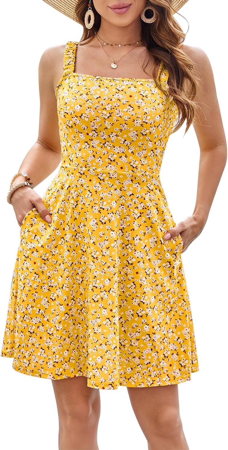 Women's Summer Square Neck Sleeveless Mini Sundress Cute Flowy Dress with Pockets Medium Floral Yellow-1