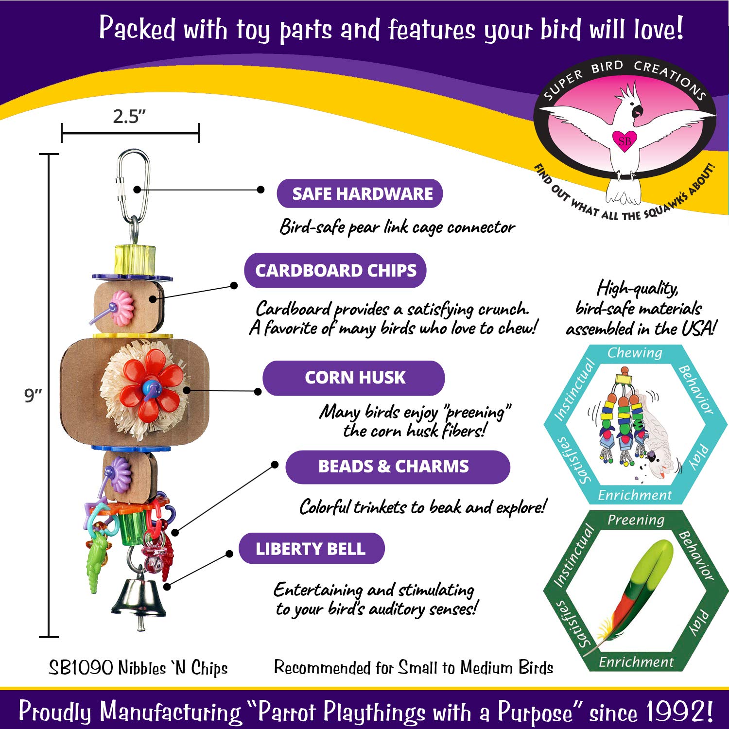 Super Bird Creations SB1090 Nibbles 'N Chips Bird Toy - Interactive Chew & Preening for Small to Medium Birds - Parrotlets Parakeets Cockatiel - Colorful Beads Chips & Corn Husk Chews - 8.5