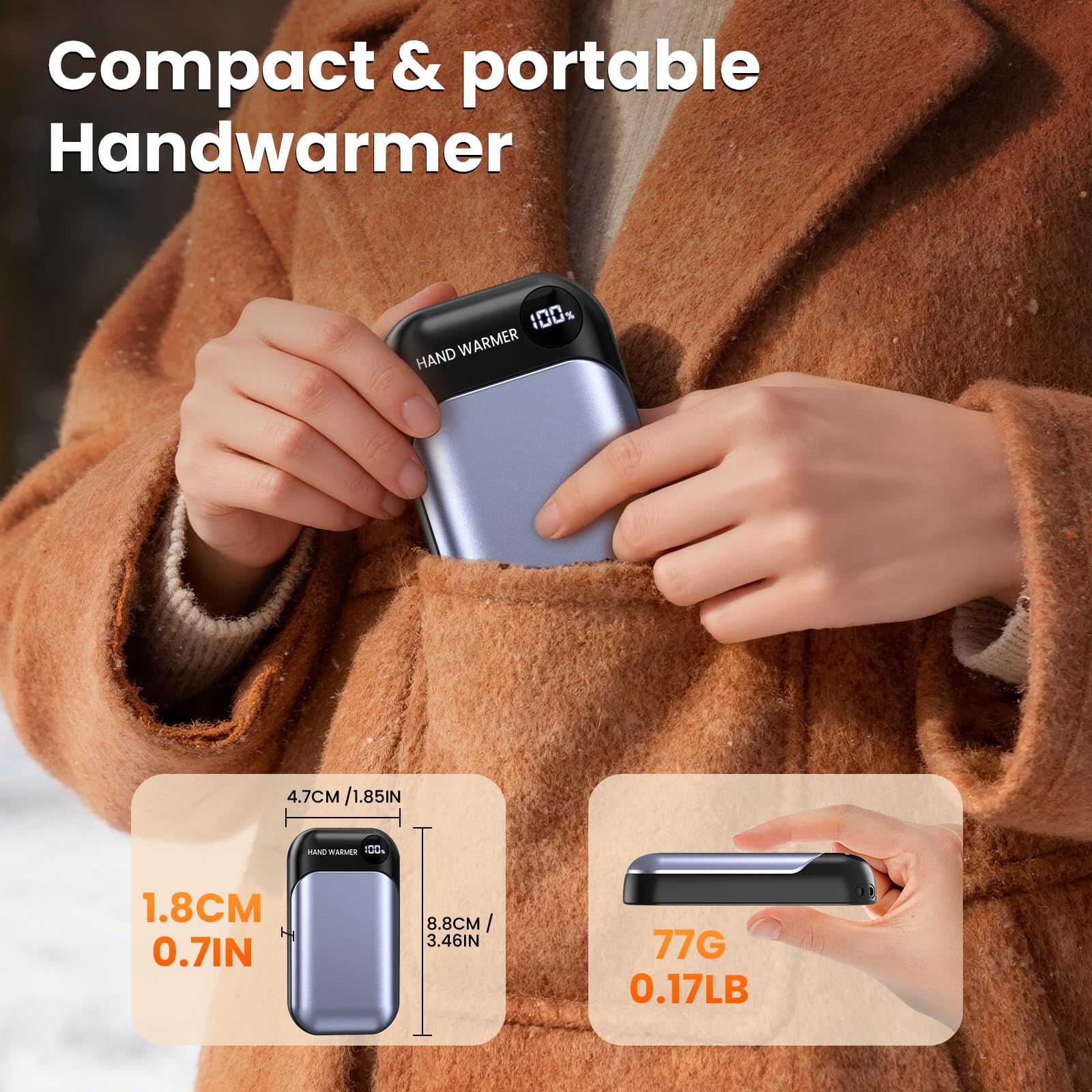 Scaldamani Per Sci Campeggio Scaldamani Elettrico Ricaricabile USB – 2 In 1 Magnetico, 4000 MAh, 4 Temperature, Display LED Scaldamani Con 4 Livelli Temperatura