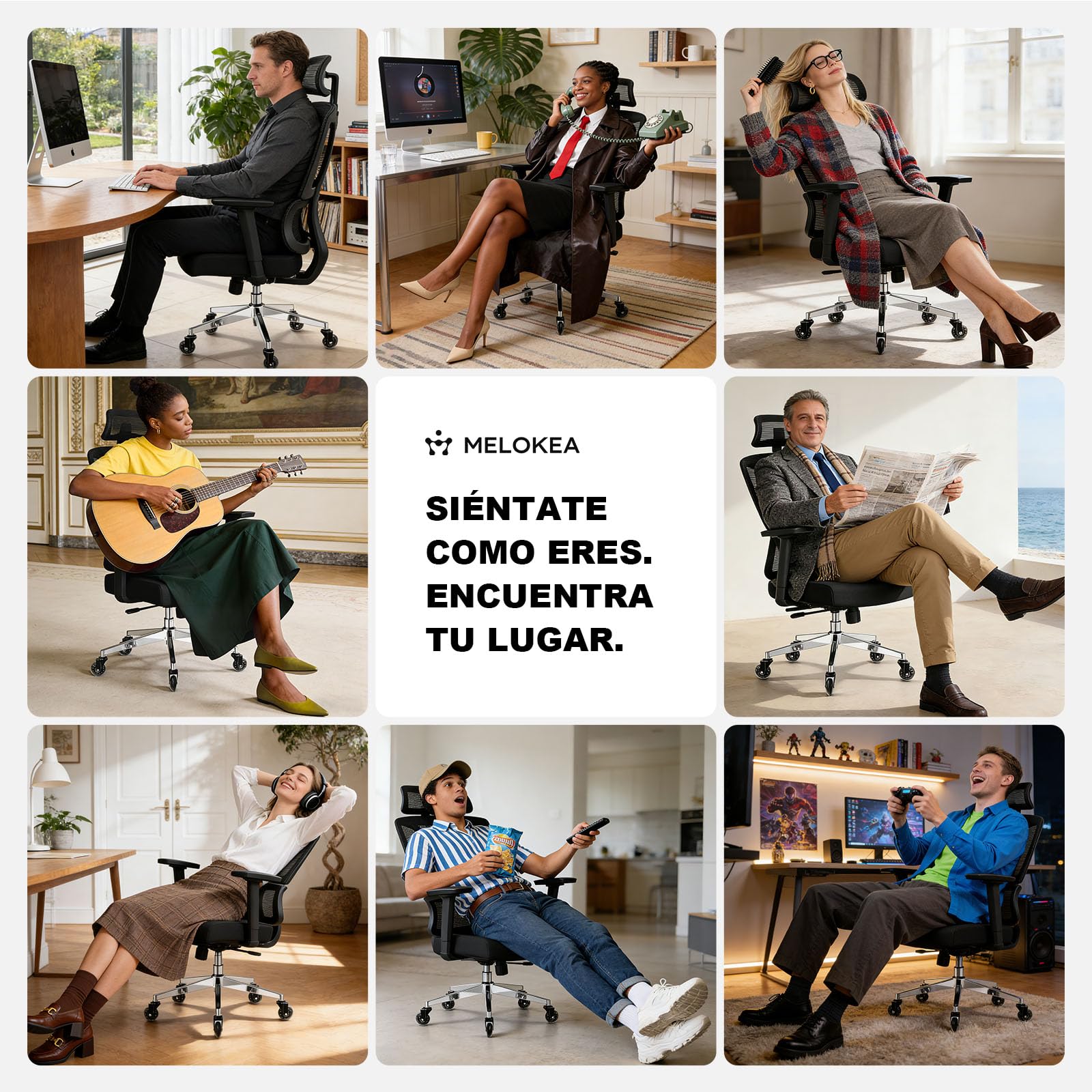 MELOKEA Silla de Oficina Ergonómica, Reposabrazos 4D, Profundidad de Asiento Ajustable, Ruedas de Goma, Inclinación de 4 Niveles, Cómodo para Personas Altas, Estudio & Despacho, Silla Escritorio 200KG