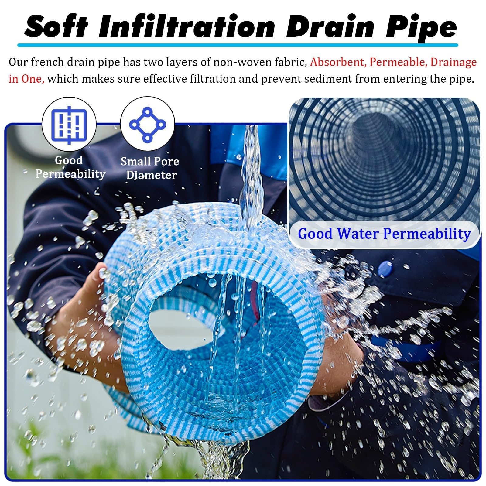 Tubo de drenaje permeable perforado, funda filtro no tejida, alambre acero espiral, flexible enterrado para patio, sótano, carretera, césped(Dia-15cm(5.9in),L110ft/33.5m)
