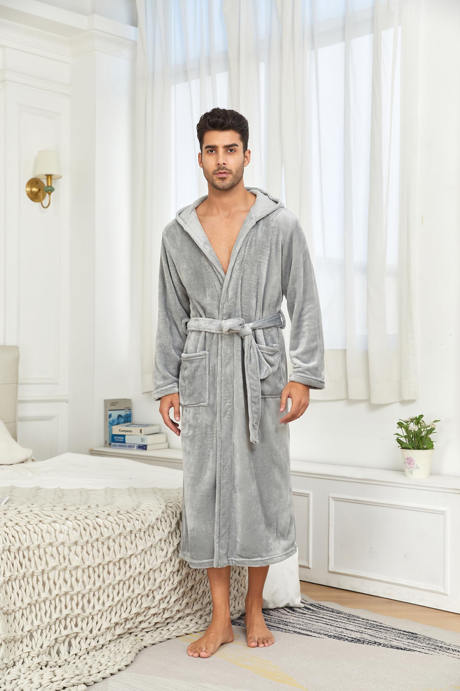 RONGTAI Accappatoio Uomo in Flanella con Cappuccio, Lungo con Cintura - Massimo Calore e Comfort, Ideale per Inverno, Casa, SPA e Regalo