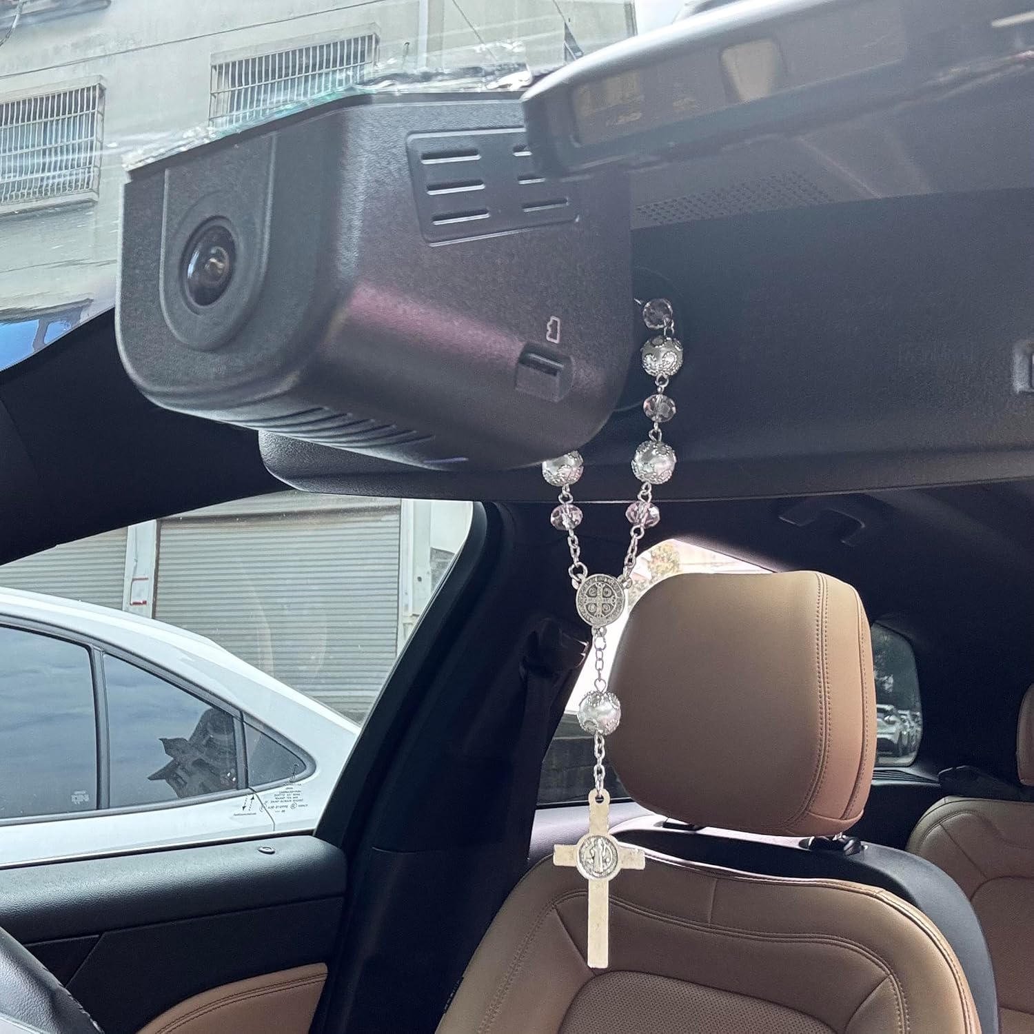 One Decade Car Rosary with St. Benedict Medal Catholic Auto Rear View Mirror Charm Pink Glass Beads Spiritual Protection Pendant Religious Car Accessories for Men and Women - Image 3