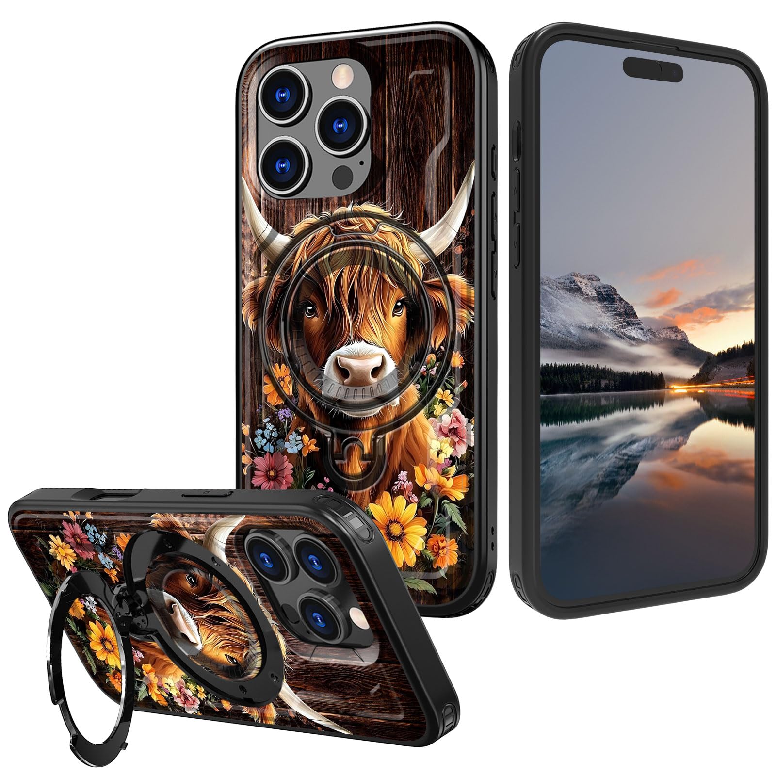 Qindaiwen for iPhone 16 Pro Max Case with Hidden Stand – Military Drop Protection, Compatible with MagSafe, Heavy Duty Shockproof Phone Cover for iPhone 16 Pro Max 6.9'', Cute Highland Cow