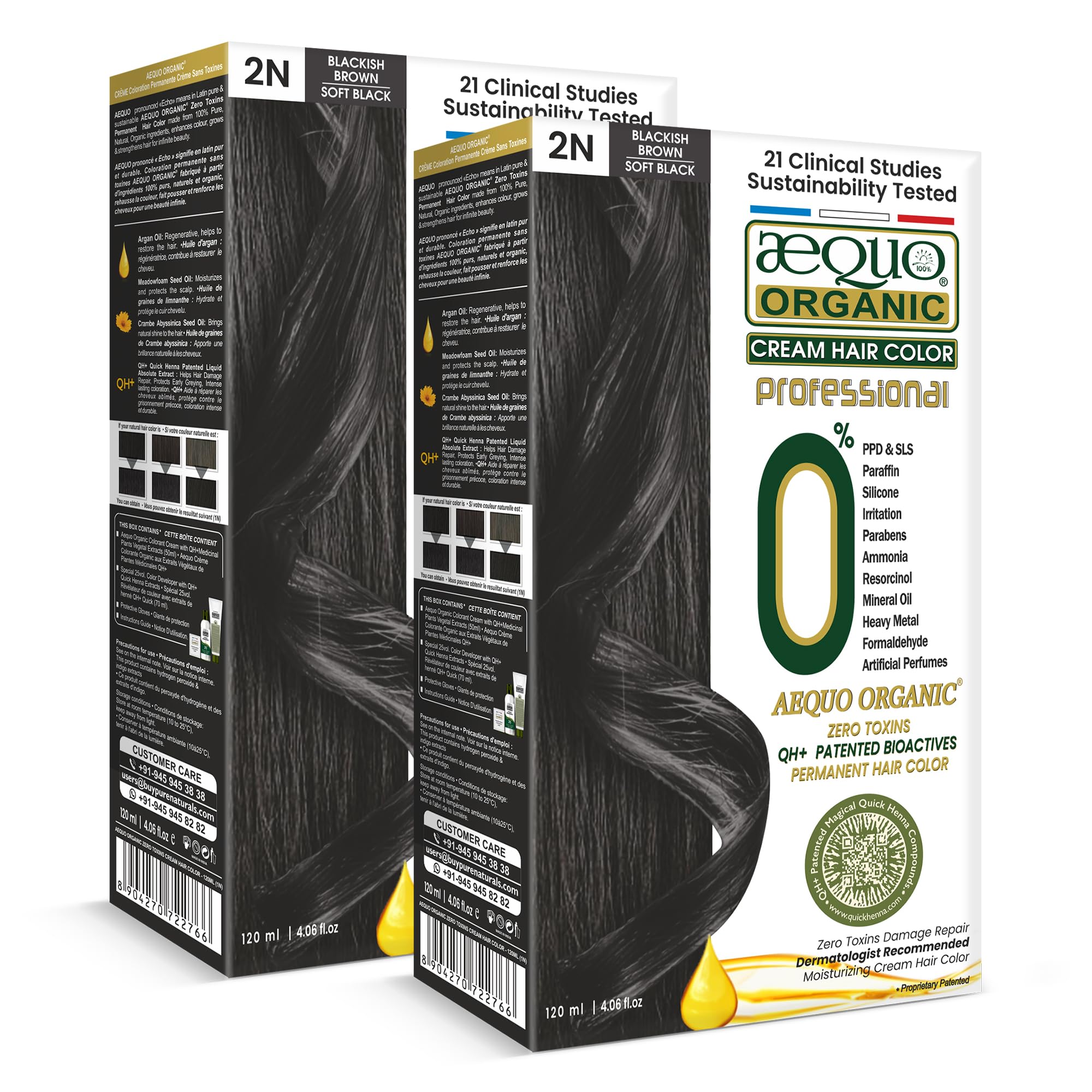 Creme Hair Colour Salon Pack With QH+ Water For Men and Women | Natural, 100% Grey Coverage, PPD & Ammonia Free Permanent Hair, Beard Color For Men | 2N Blackish Brown 120ml | Pack Of 2 | Unisex