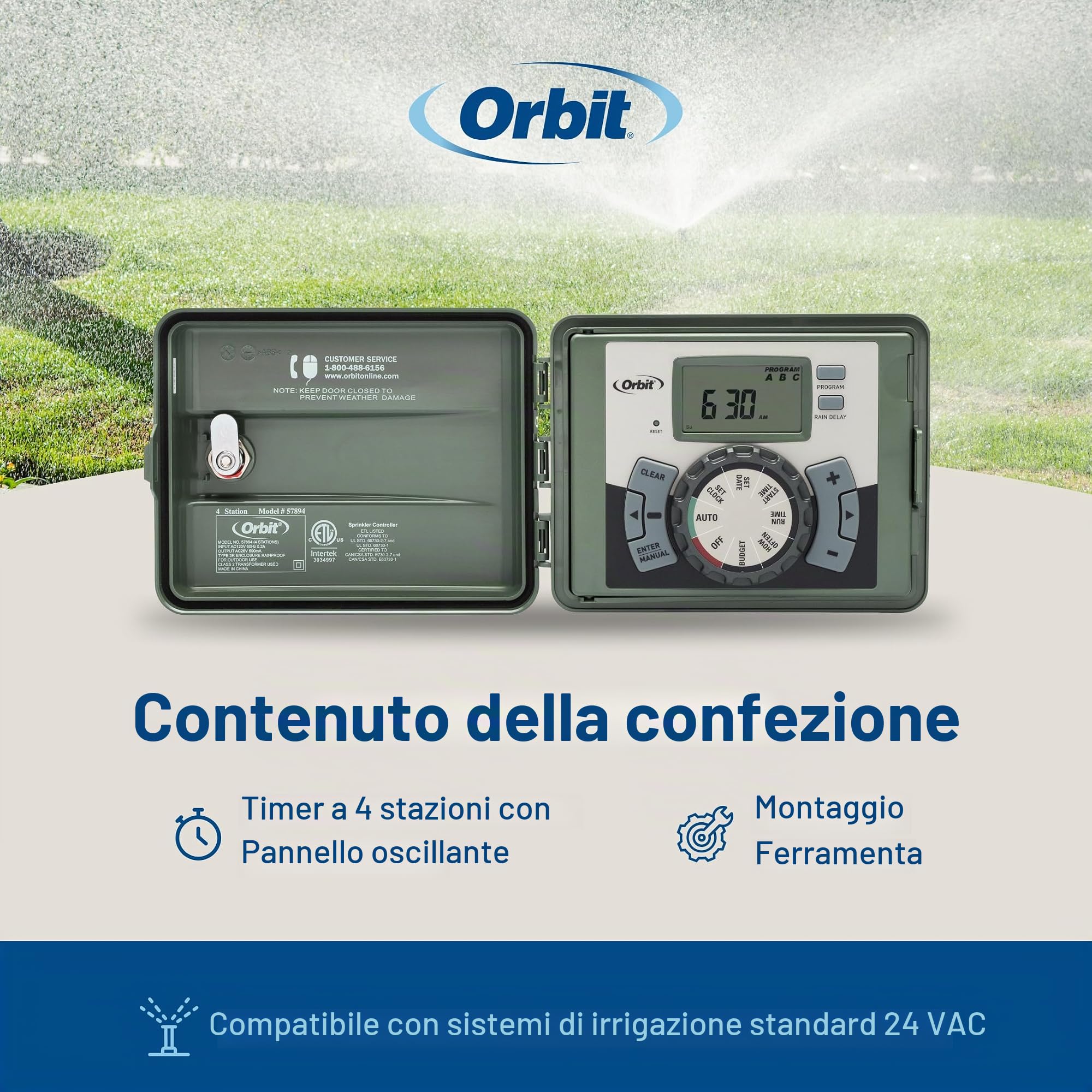 Orbit Impianto di irrigazione a pannello oscillante, con timer, verde, 4 stazioni