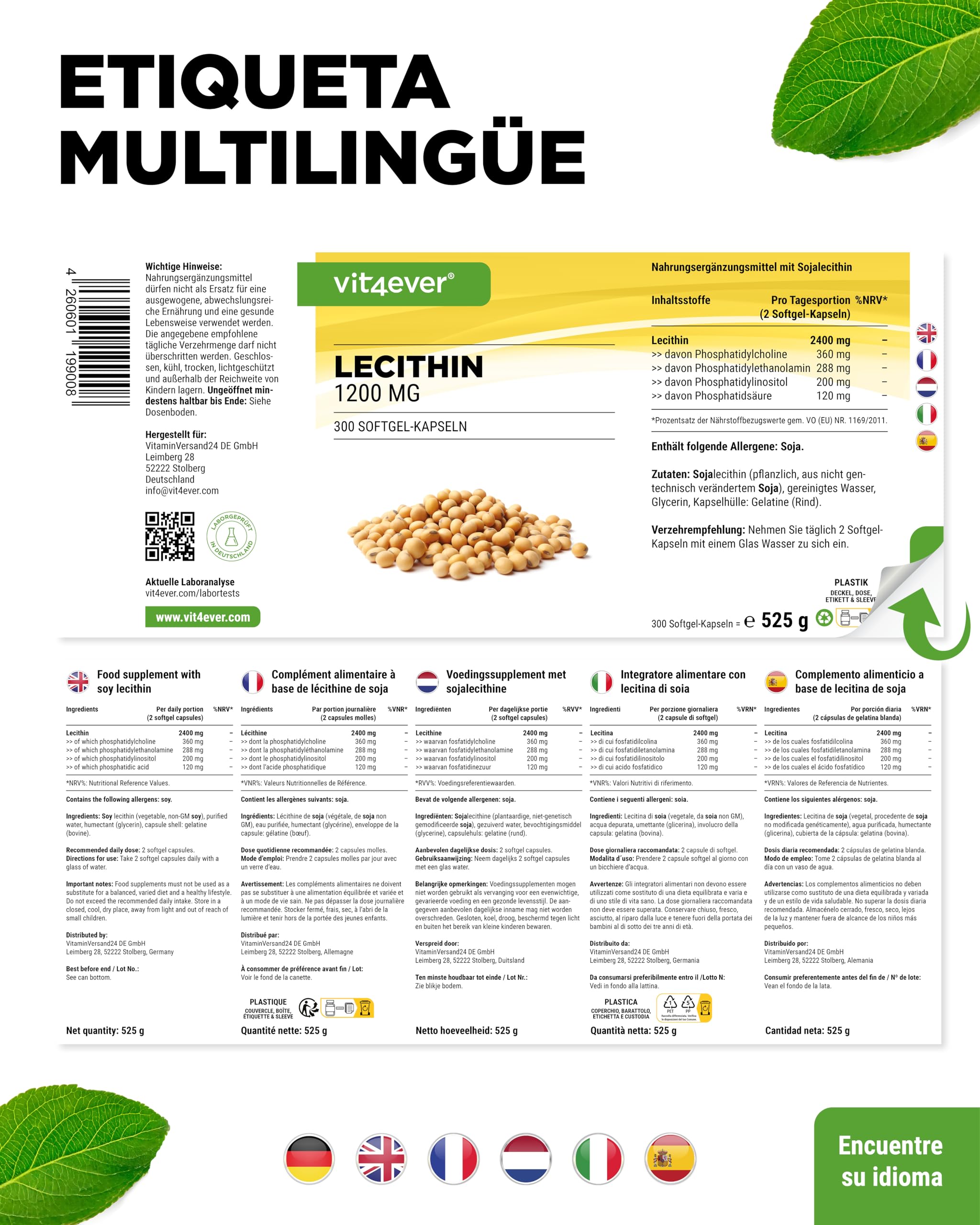 Lecitina 1200 mg - 300 cápsulas blandas - Premium: Con fosfátidos - Lecitina de soja no modificada genéticamente - Alta dosis