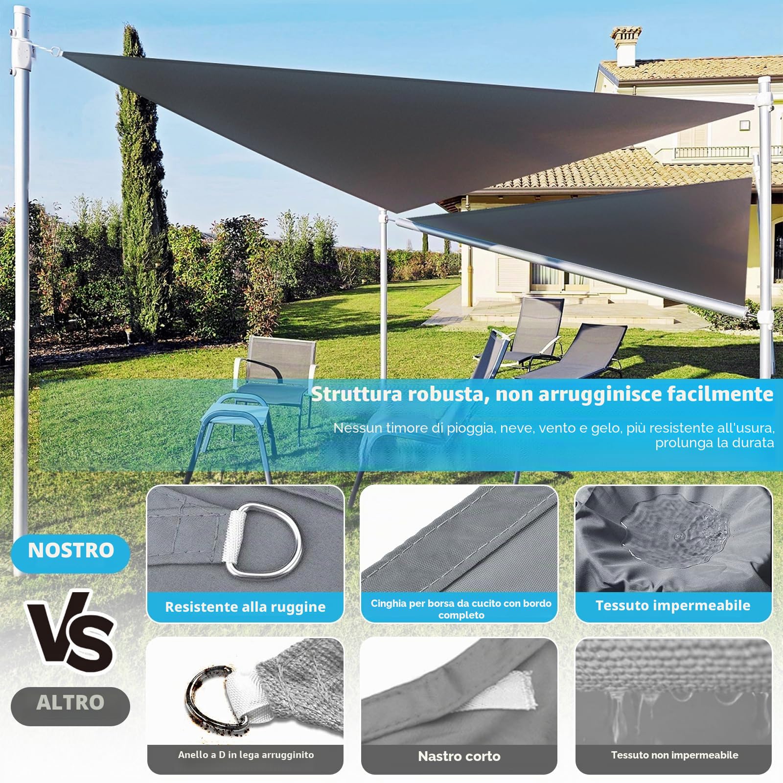 Tenda a Vela Triangolare 3x3x3m Impermeabile Anti UV Ombreggiante per Giardino Grigio