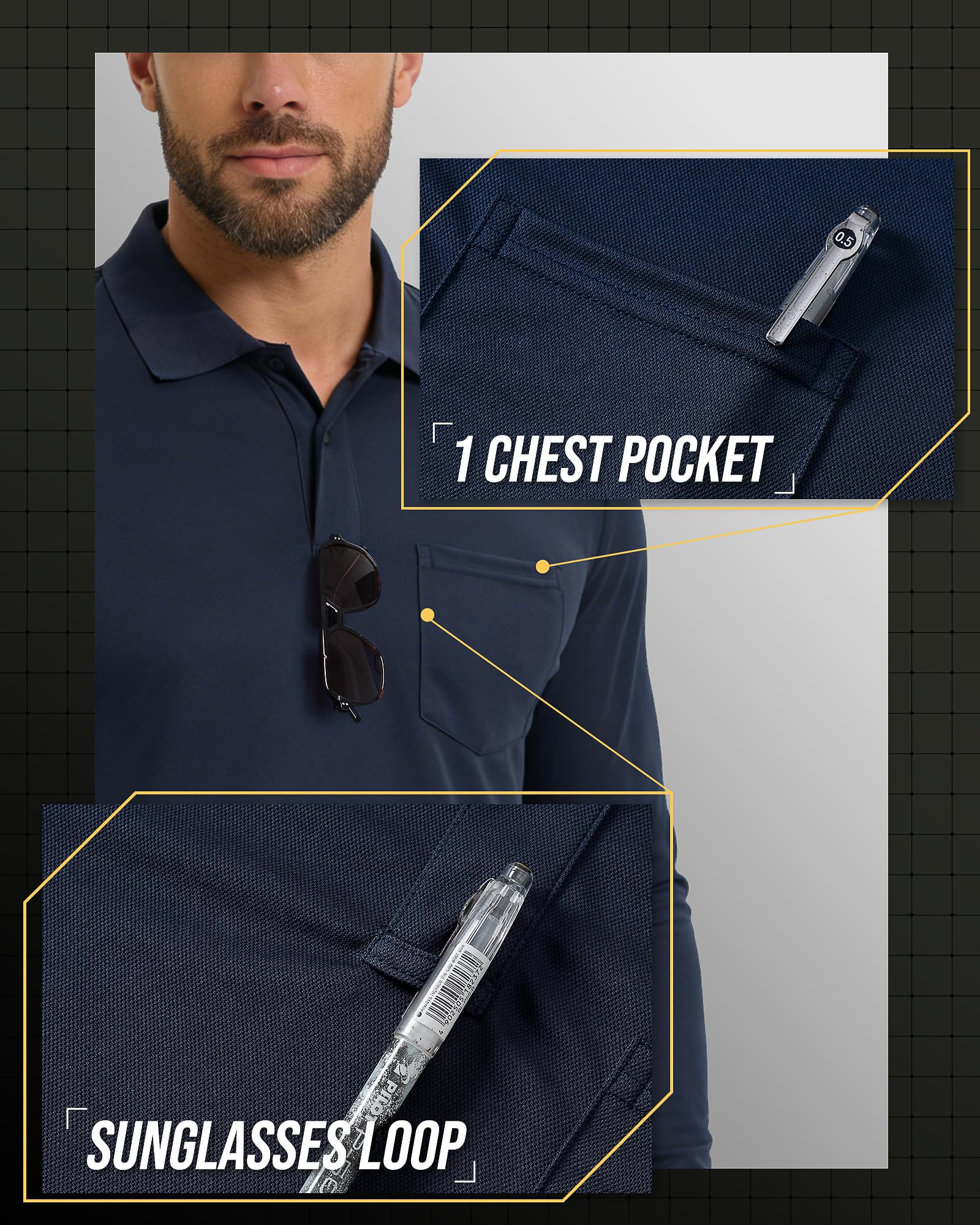 33,000ft Herren Poloshirt Langarm UPF50+ Sonnenschutz UV Schutz Polohemd Golf Sports T Shirts für Männer Leichtes Atmungsaktiv Poloshirts Casual Polo Tops zum Tennis