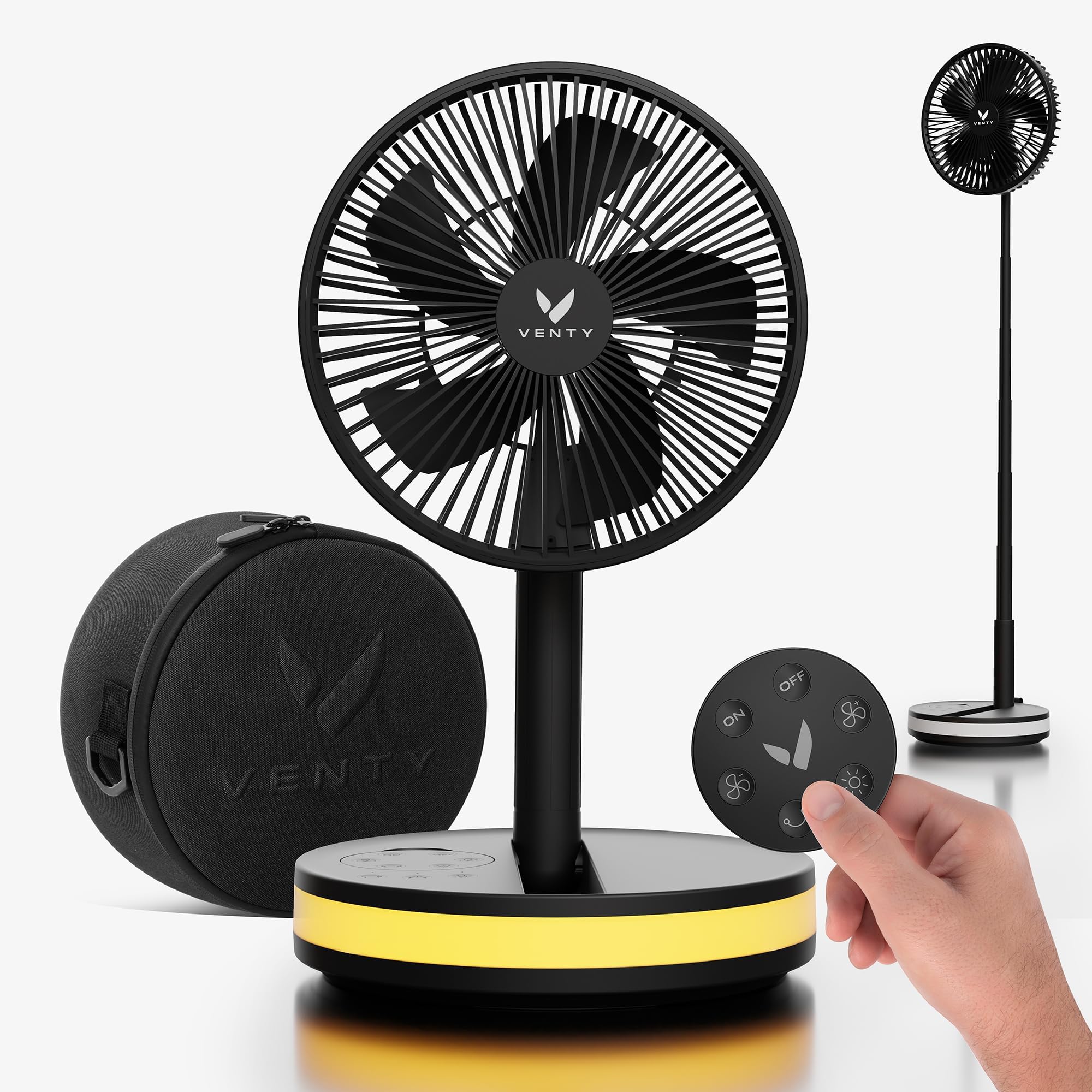 VENTY Ventilateur Portable Rechargeable - Ventilateur Pliable avec étui Transport et Port Usb - 4 Vitesses, Compact et Réglable pour Table, Camping, Bureau - Avec et Télécommande - Portable Fan