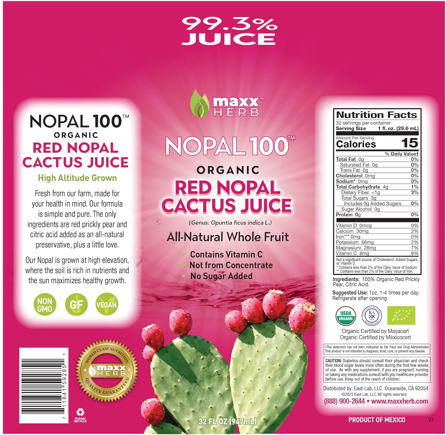 Maxx Herb Organic Red Nopal Cactus Juice - for Joint Support, Healthy Digestion,Vegan, Non-GMO and Gluten Free – 4 Bottles, 32 Oz Each (128 Servings)