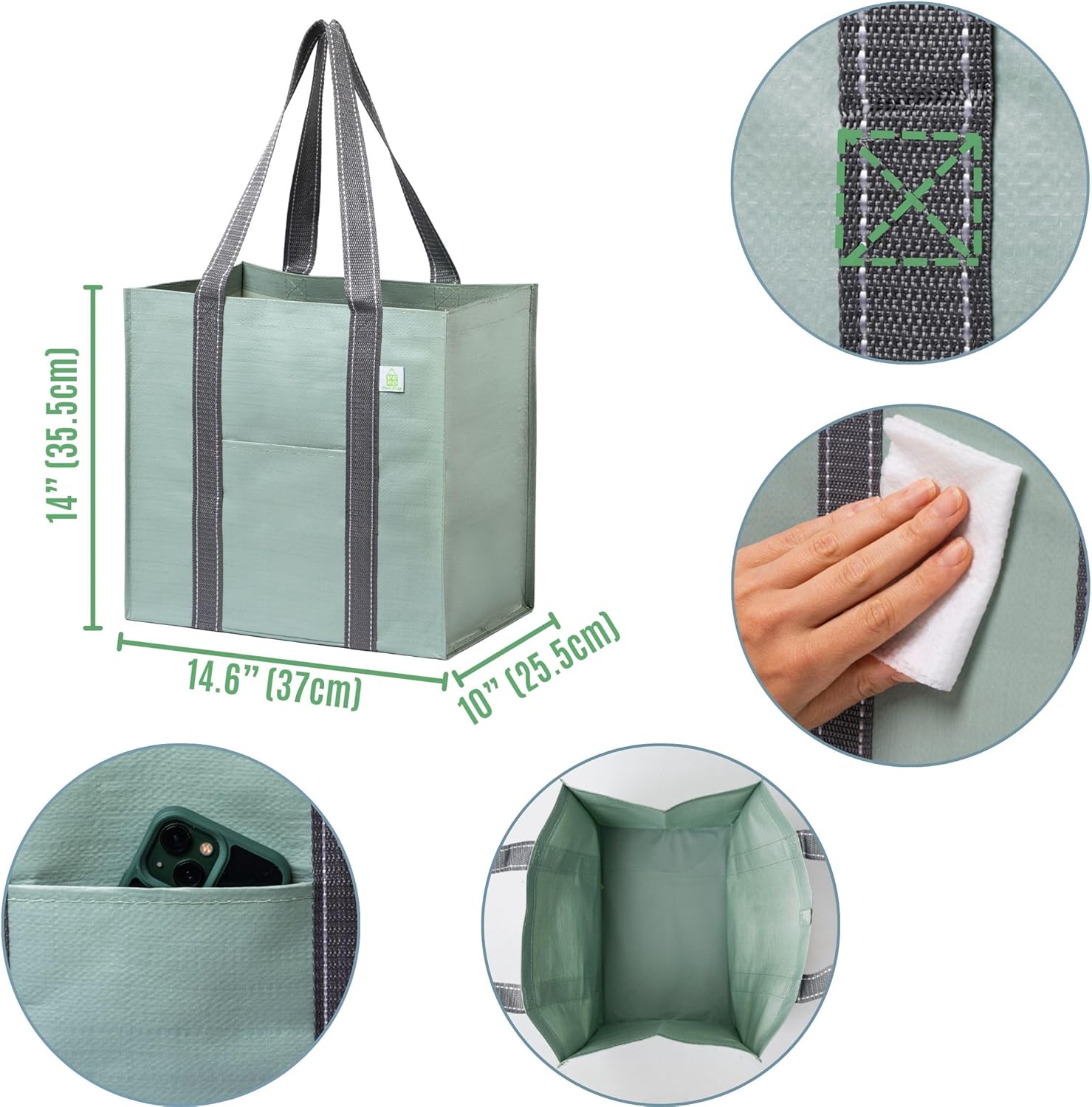 VENO 4 Pack Reusable Grocery Bags, Heavy-Duty Shopping Bags with Handles, Bags for Shopping Cart with Hard Bottom to Stand Upright, Foldable, Multi-Purpose(Light Green, 4 Pack) - Image 2