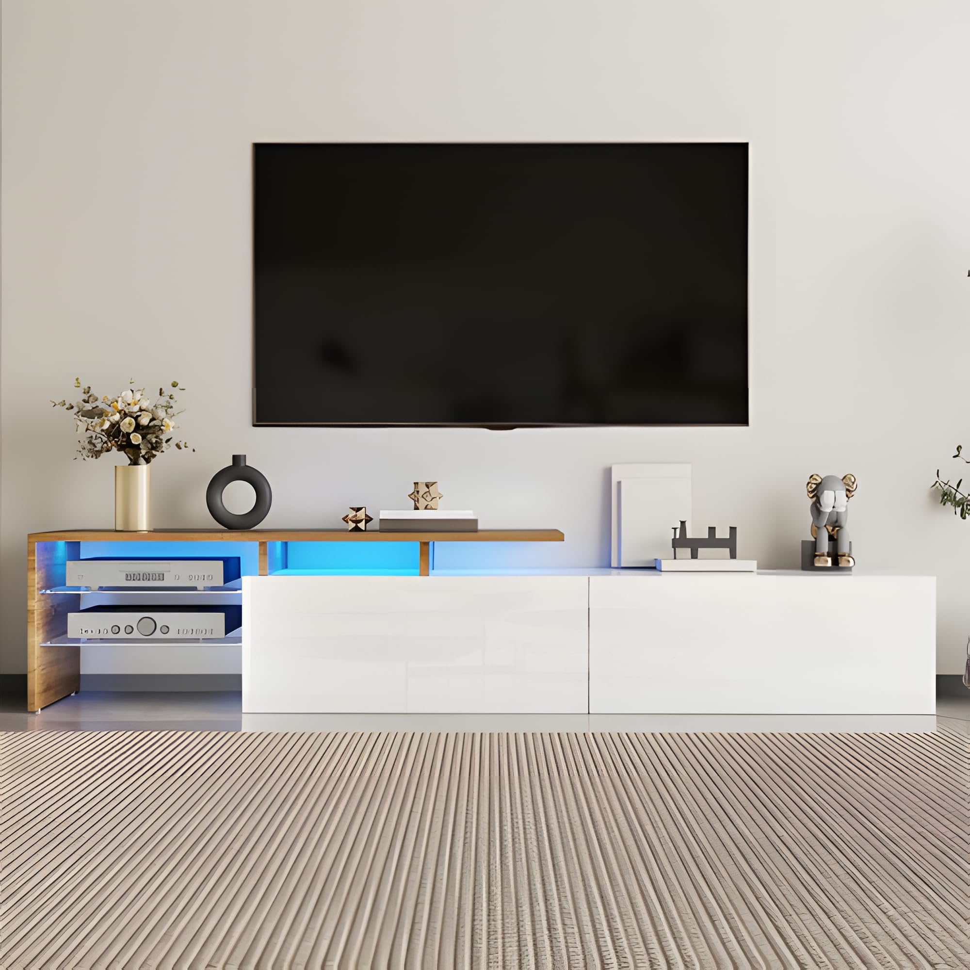 Mueble TV Blanco Brillo y Madera 170 cm Mesa Television con Almacenamiento Multinivel y Cristales Movel TV con Luces LED de 16 Colores Comedor para Salón Dormitorio y Zona Gamer