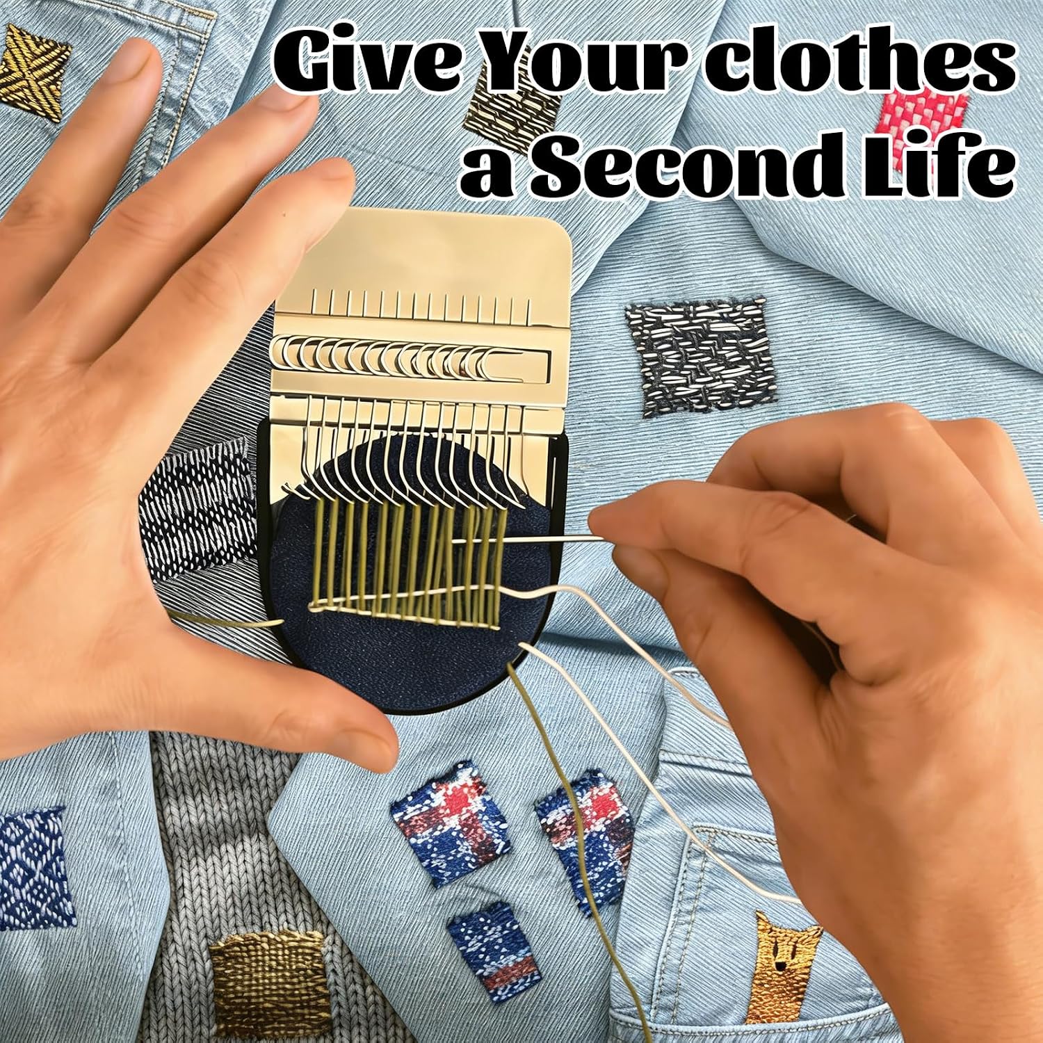 Knit Patch Patchmaker 2.0 Kit,Mini Darning Loom with 14 Hooks Small Weaving Loom 14 PCS Large Eye Needles & 50 Color Threads Weaving Repair Tool Darning Kit for Beginners Repair Jeans, Socks (2)
