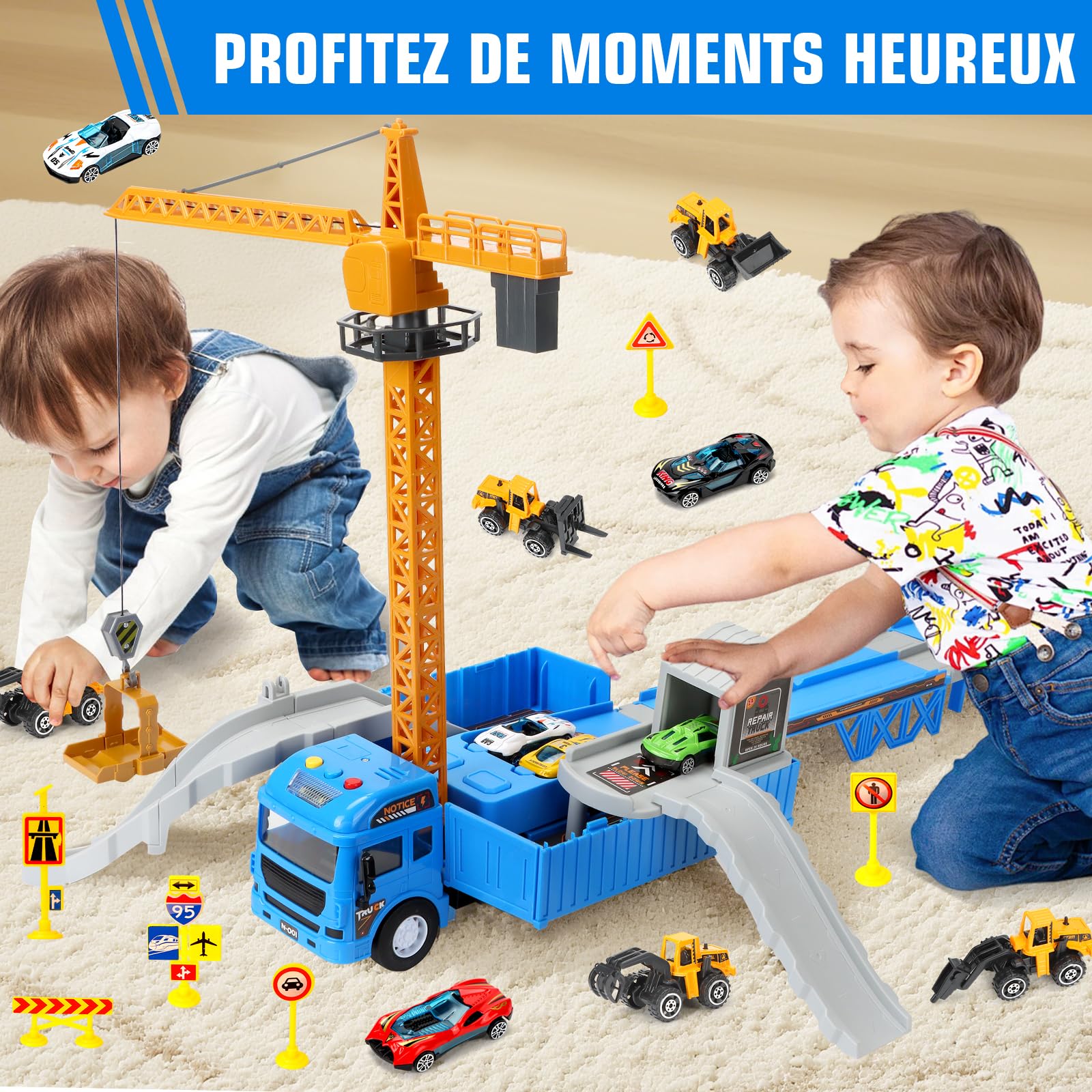 JONRRYIN Véhicule Chantier Jouet Enfants - Ensemble Camion Grue à Tour avec Piste Éjectante (Excavatrice, Rouleau Compresseur, Fourchonneuse, Bulldozer) - Sons/Lumières - Cadeau pour Garçons 3-8 Ans