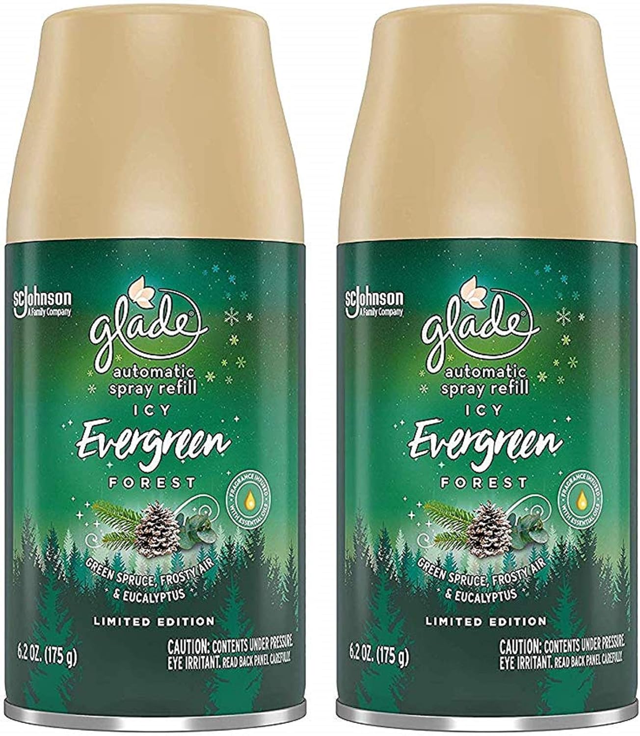 Glade Automatic Spray Refill - Limited Edition Holiday Collection - ICY Evergreen Forest - Net Wt. 6.2 OZ (175 g) Per Refill Can - Pack of 2 Refill Cans