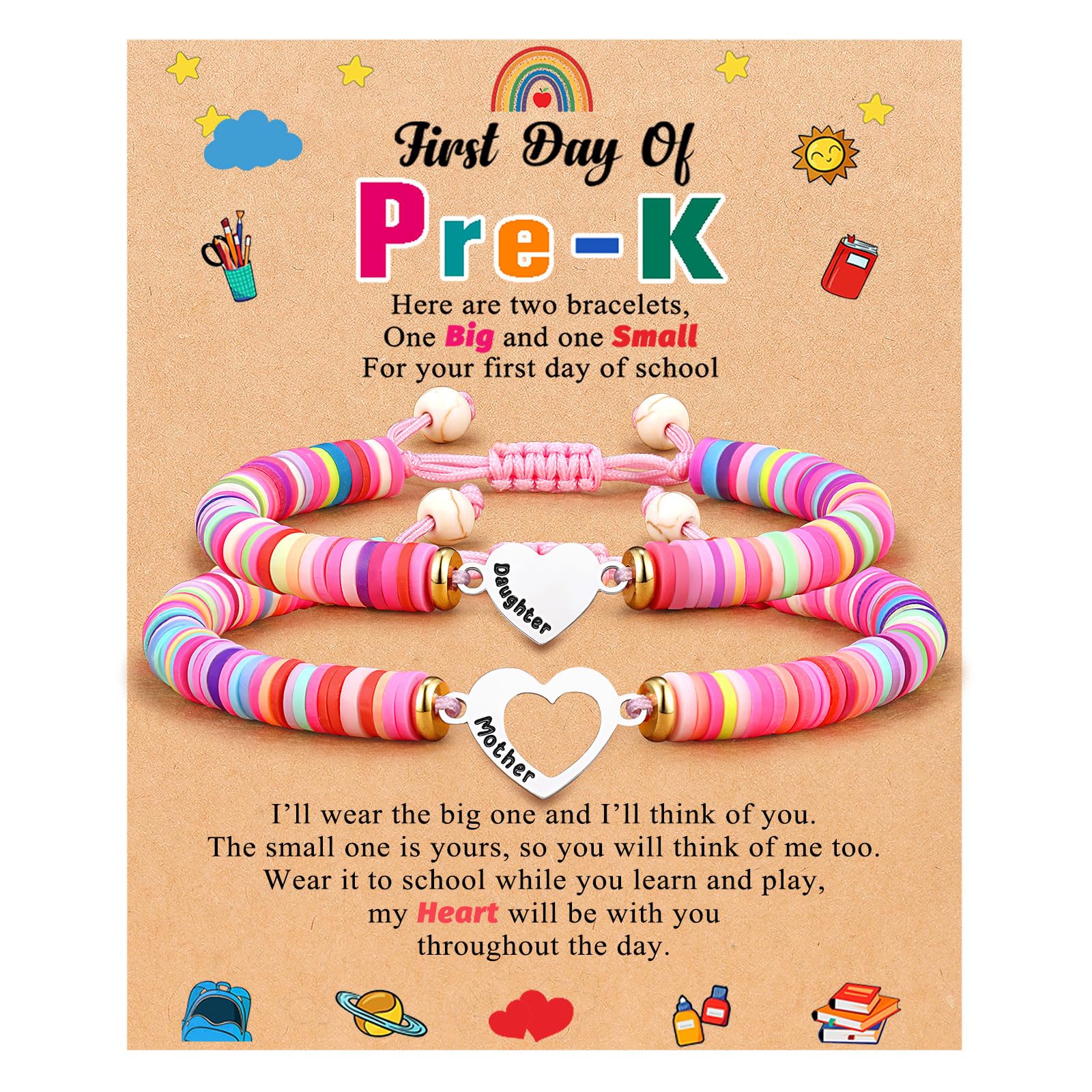 First Day of Kindergarten/Pre K/School Mother Daughter Bracelets Matching Heart Wish Bracelet Set for 2 Gifts