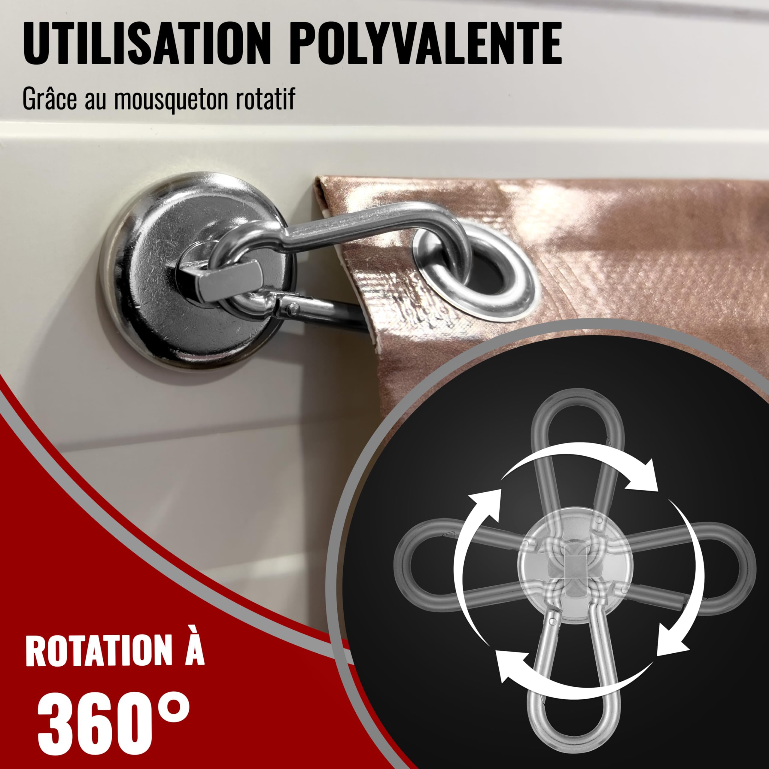 POPPSTAR Mousqueton Magnétique Fort, 4x (17kg de Force d'Adhérence) Aimants Néodymes avec Crochet Rotatif