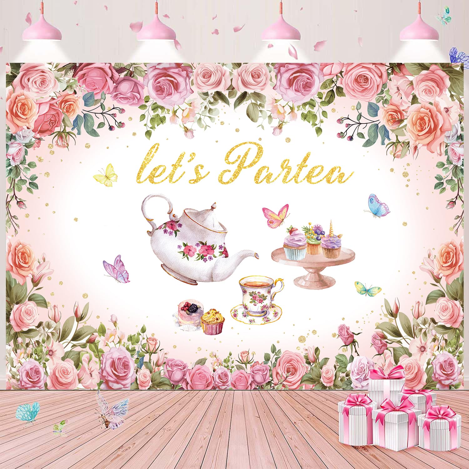 Mother's Day Tea Party Backdrop 8X6FT Pink Floral Let's Partea Photo Background Wonderland Afternoon Tea Photography Banner Girls Women Baby Shower